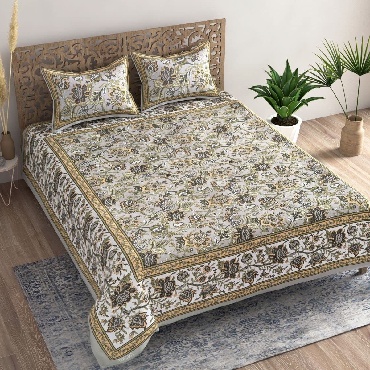 SHIVARIKA 210TC Cotton Fabric Jaipuri Prints King Size Double Bedsheet (95X108 Inch) with 2 Pillow Covers (17X28 Inch) | Floral Design | (Grey, Hostar 0150