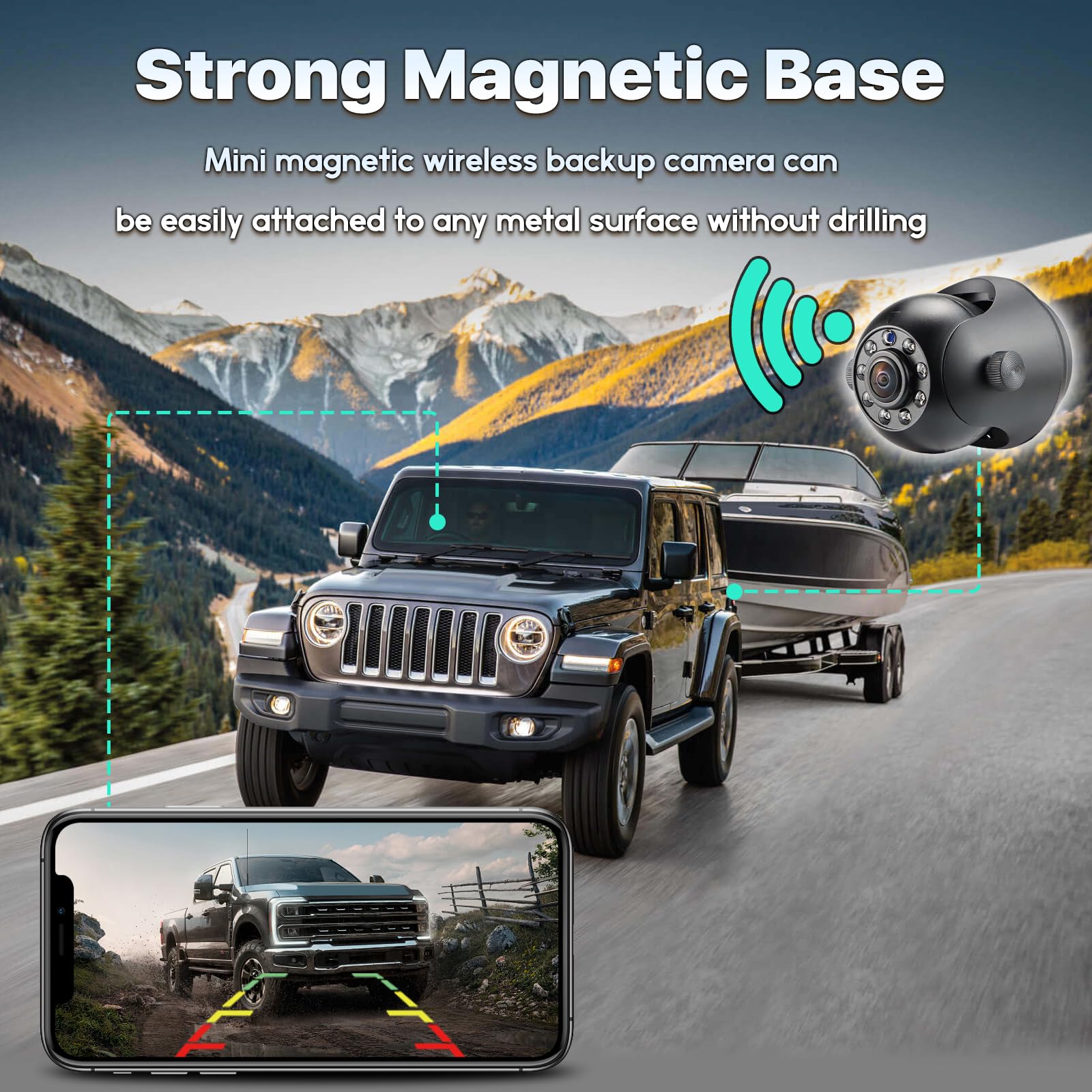 WiFi magnetico Hitch wireless visione notturna telecamera retromarcia, batteria ricaricabile, adatta per iPhone Android, facile da montare a collo di cigno barca viaggio rimorchio RV