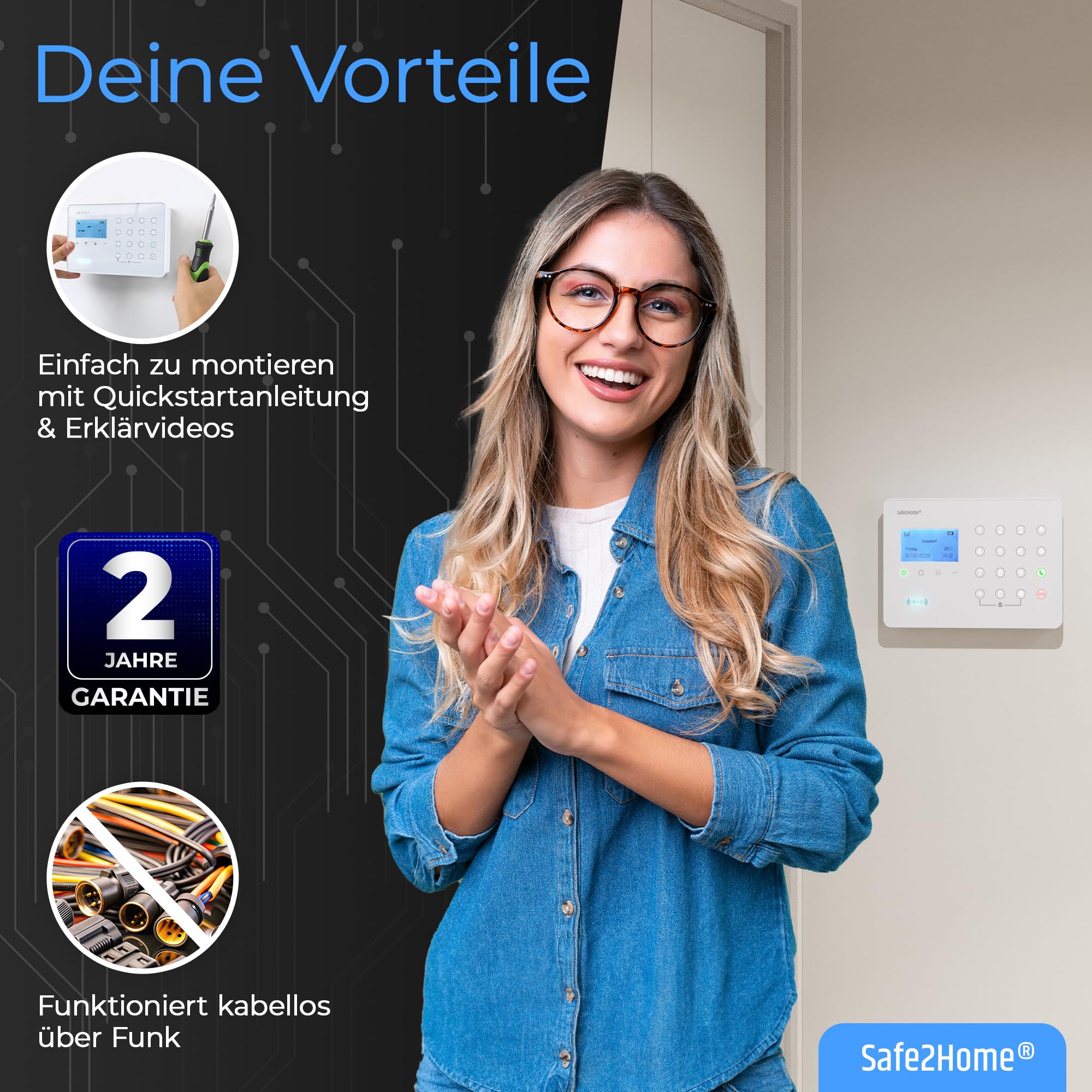 Safe2Home® Funk Alarmanlagen Set SP110 mit Sabotageschutz - deutsch - LTE Alarmsystem mit SMS Alarmierung etc. - Alarmanlagen fürs Haus Büro inkl. Zubehör und Sensoren - Alarmsystem