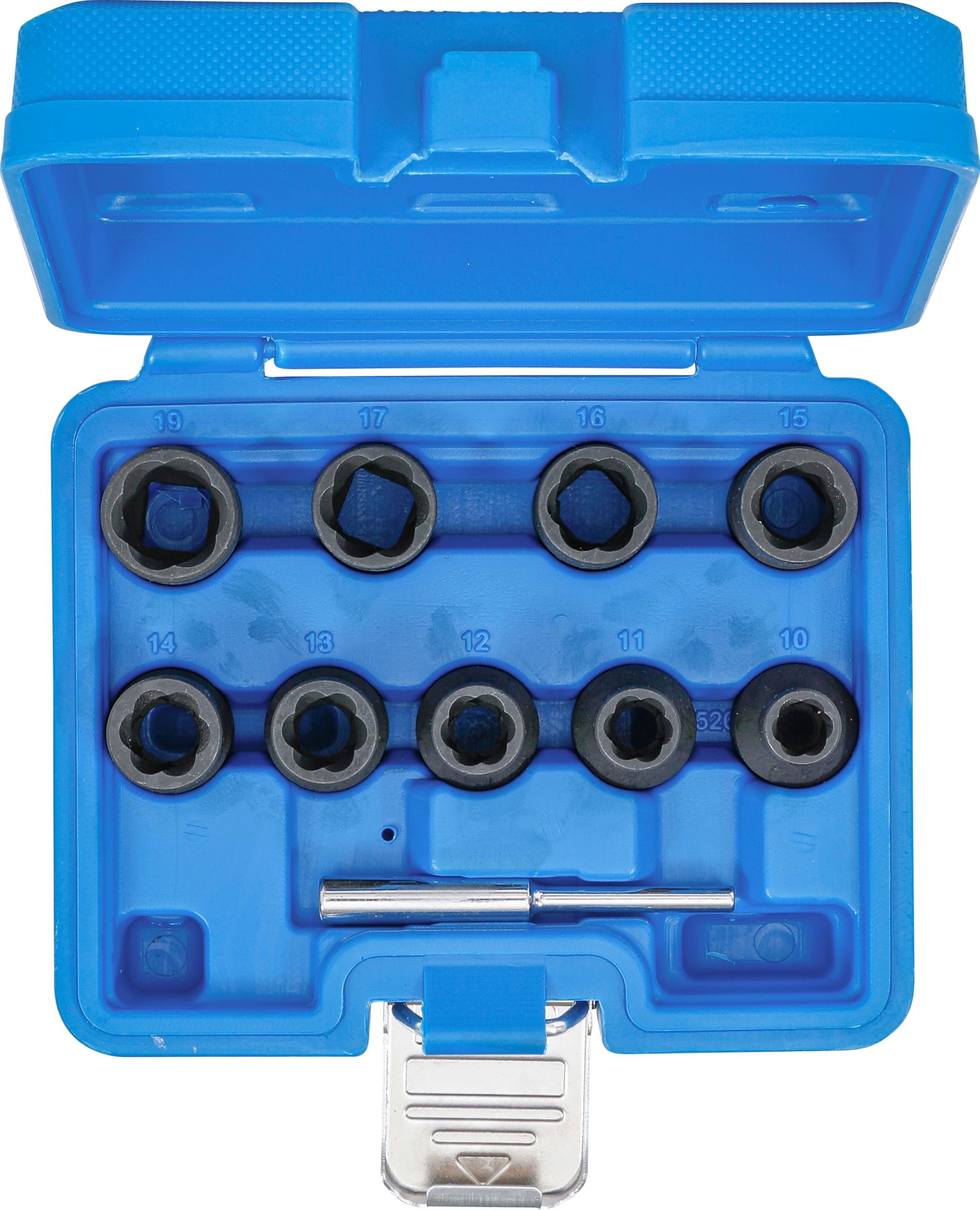 BGS 5266 | Juego de llaves de vaso de perfil en espiral/ extractores de tornillos | entrada 12,5 mm (1/2") | 10 - 19 mm | 10 piezas | Accionamiento cuadrado interior 12,5 mm (1/2") | SW 10 - 19 mm | 10 piezas. | acero al cromo-molibdeno | bruñido, negro