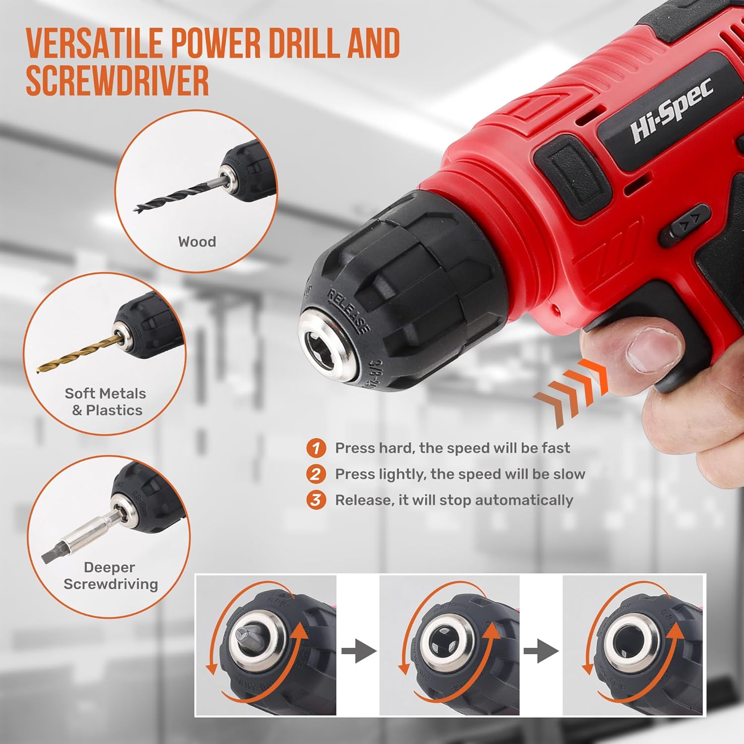 Hi-Spec 8V USB Power Drill Driver Screw Drill Bit Set. Cordless & Rechargeable Electric Drill Driver with Wall Hanging Kit,Red