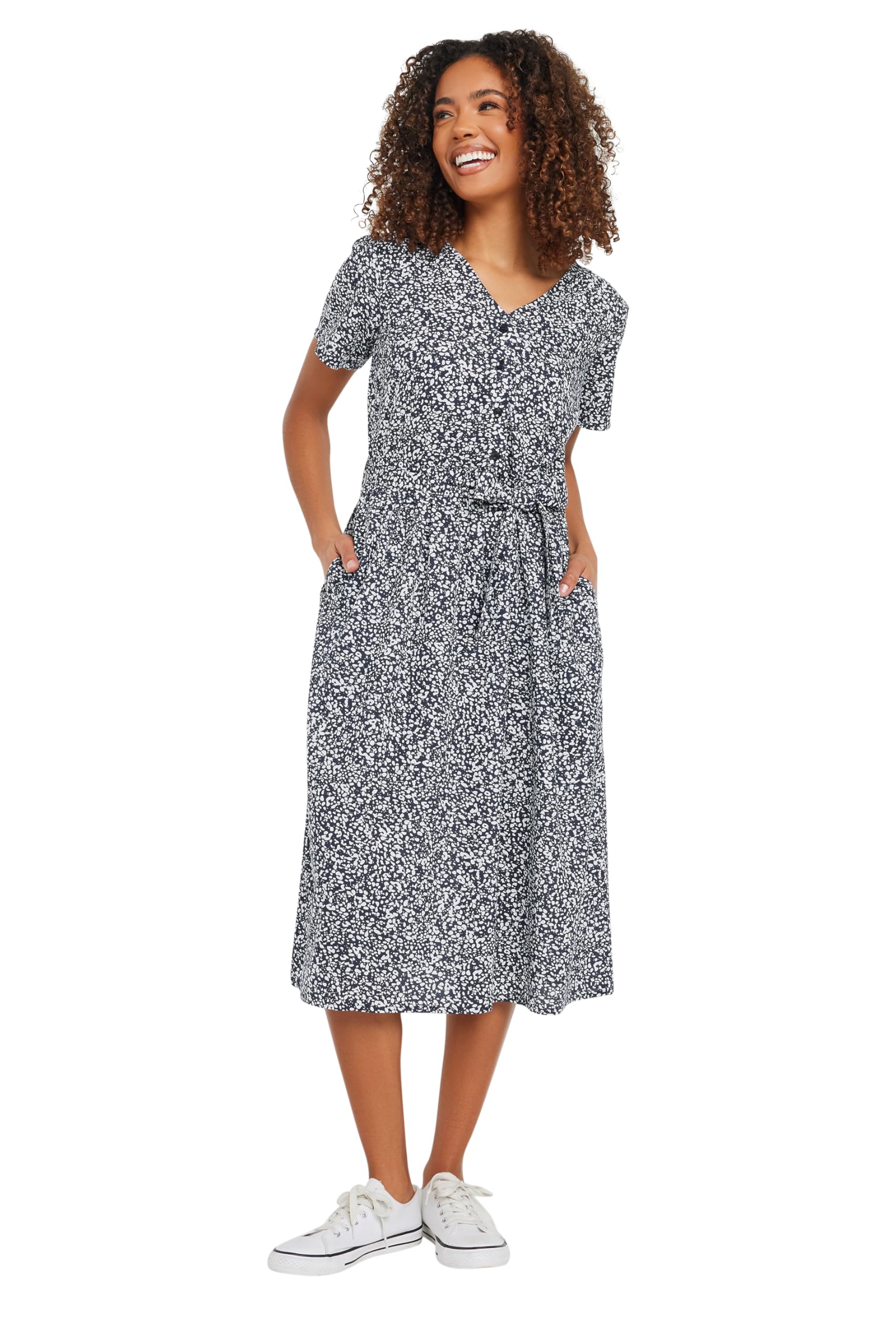M&Co Spot Print Belted Midi Dress - Dark Navy - Size 18