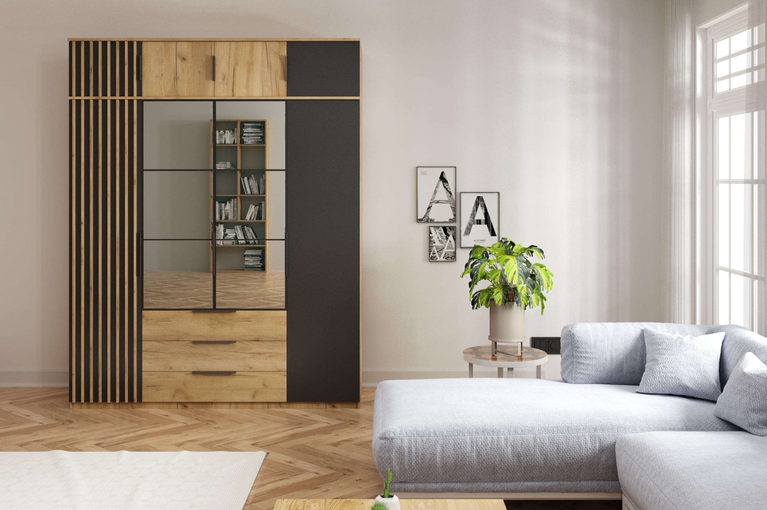 Sorento 200 Erweiterung - Kleiderschrank - Mit Praktischen Flügeltüren - Verschiedene Farbvarianten - Robuste Bauweise - Eiche Holzimitat und Schwarz - 200x62x30cm