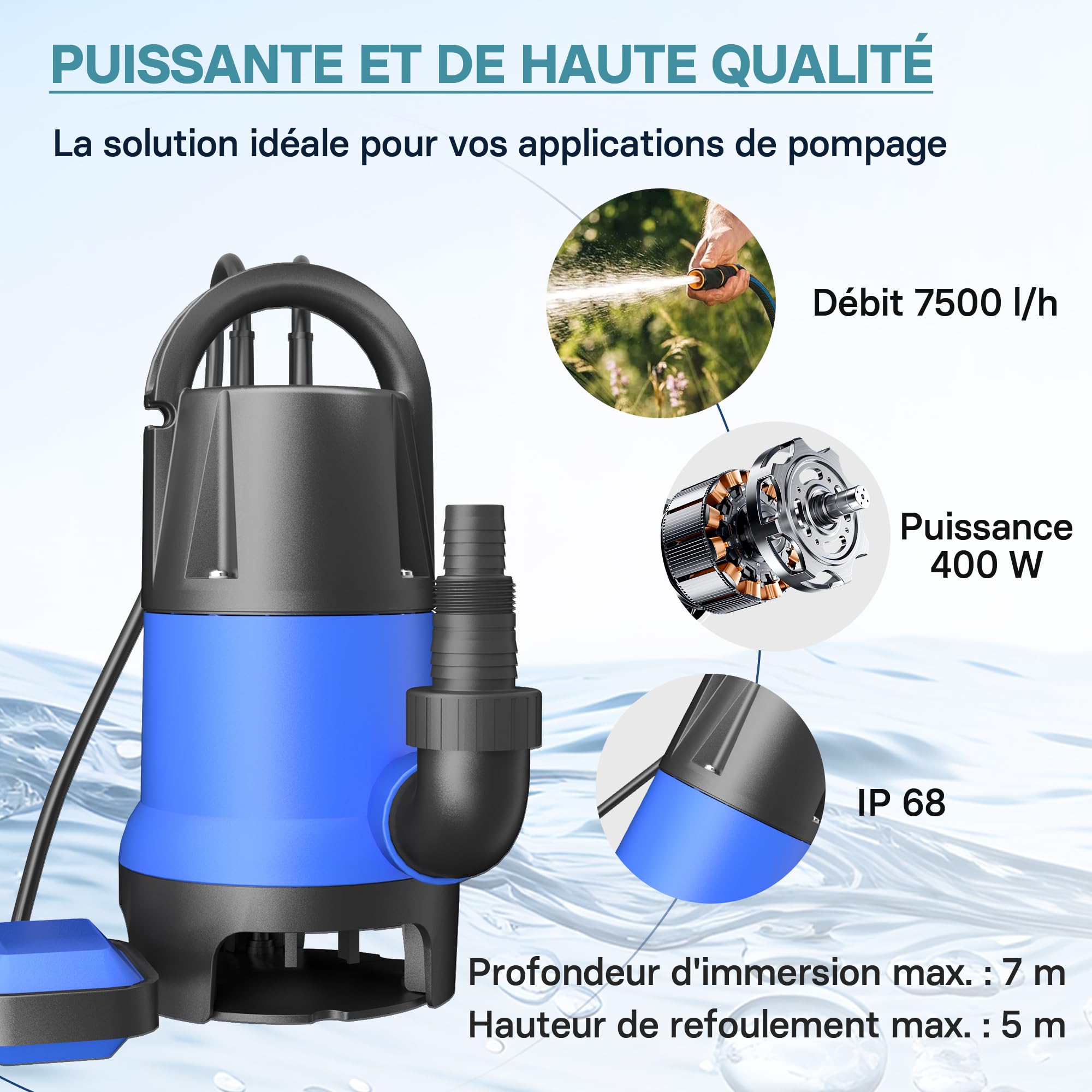 Wiltec Pompe électrique pour eaux sales – Submersible – 400 W / 7500 l/h – Refoulement max. 5 m – avec Flotteur – Particules jusqu’à Ø 35 mm – Arrosage Irrigation Jardinage Évacuation Drainage