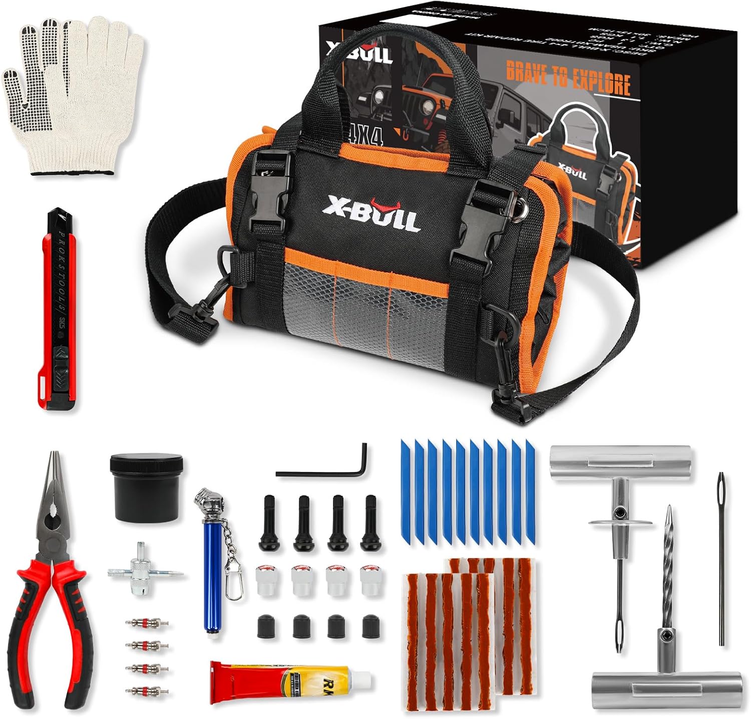 X-BULL Heavy Duty Tire Plug Kit All-in-One Tire Repair Kit with Self-Vulcanizing Plugs & Organized Bag for Car, SUV, Truck, Motorcycle, On Road & Off Road Professional Flat Tire Fix Kit