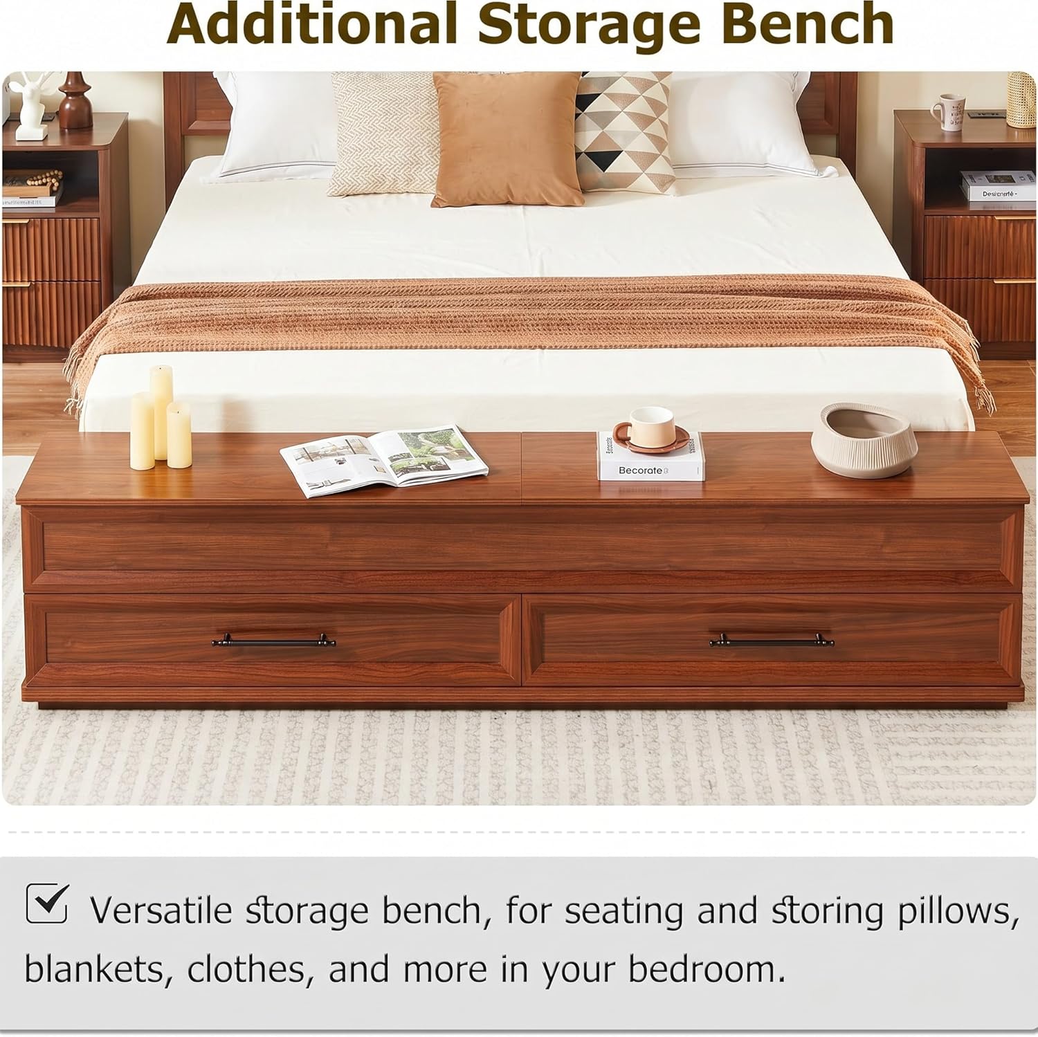 Farmhouse Geometric King Size Bed Frame with 52" Tall Storage Bookcase Headboard, Wood Platform Bed Frame with 80''Storage Chest, Modern King Bedframe No Box Spring Needed, Walnut Brown