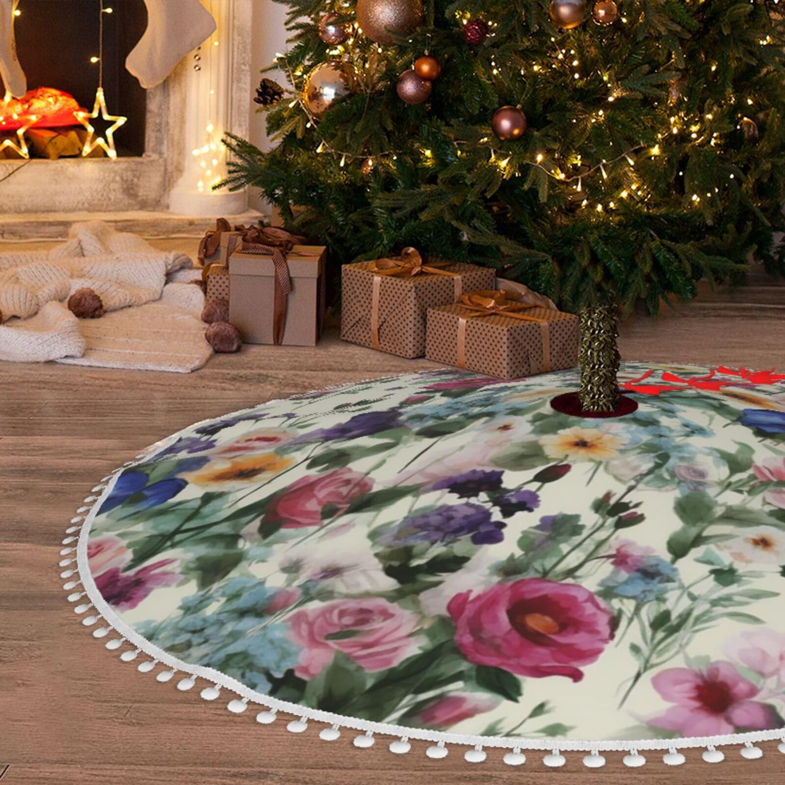 Jupe de sapin de Noël 122 cm avec pompons à motifs fleurs sauvages