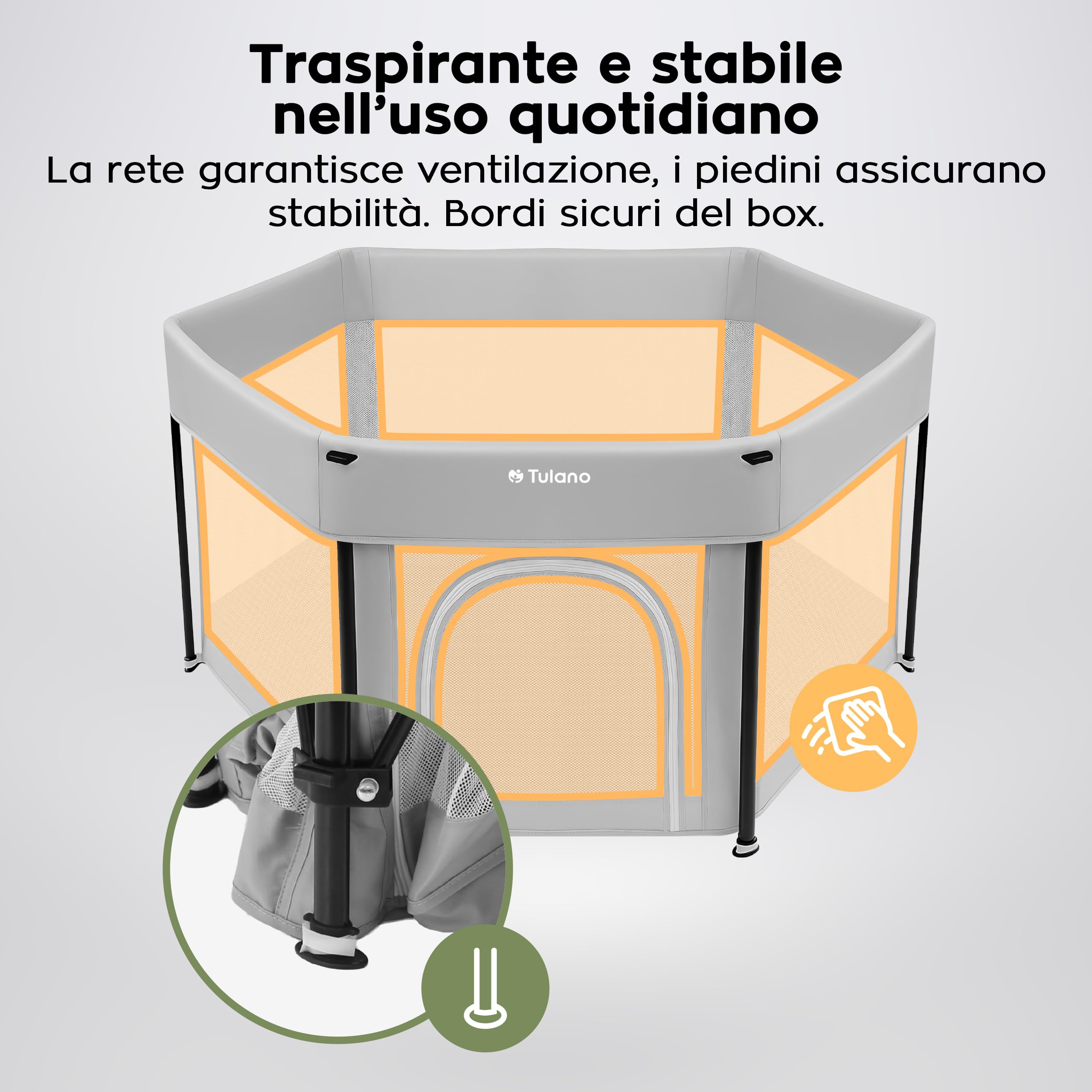Tulano Cozy 30 Box per Bambini 125x125 cm – da 6 a 36 mesi – Recinto Neonato con Fondo – Struttura in Metallo – Rete Traspirante – Porta con Cerniera – Borsa Inclusa – Casa e Giardino – Grigio