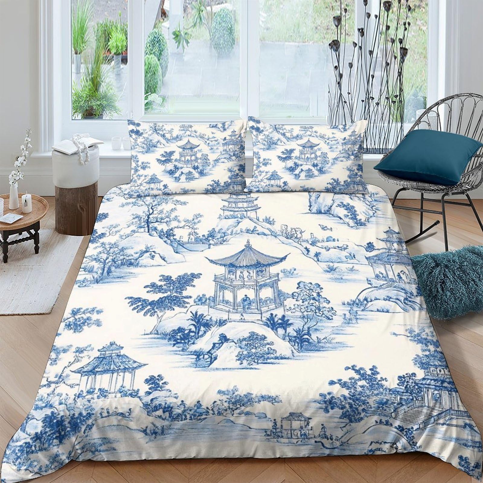 GPLZQXKJNH 3D Printed Blue Oriental Pagoda Duvet Cover Microfiber Soft Breathable Willow Landscape Bedding Set with 2 Pillowcases for Bedroom Decor Single（135x200cm）
