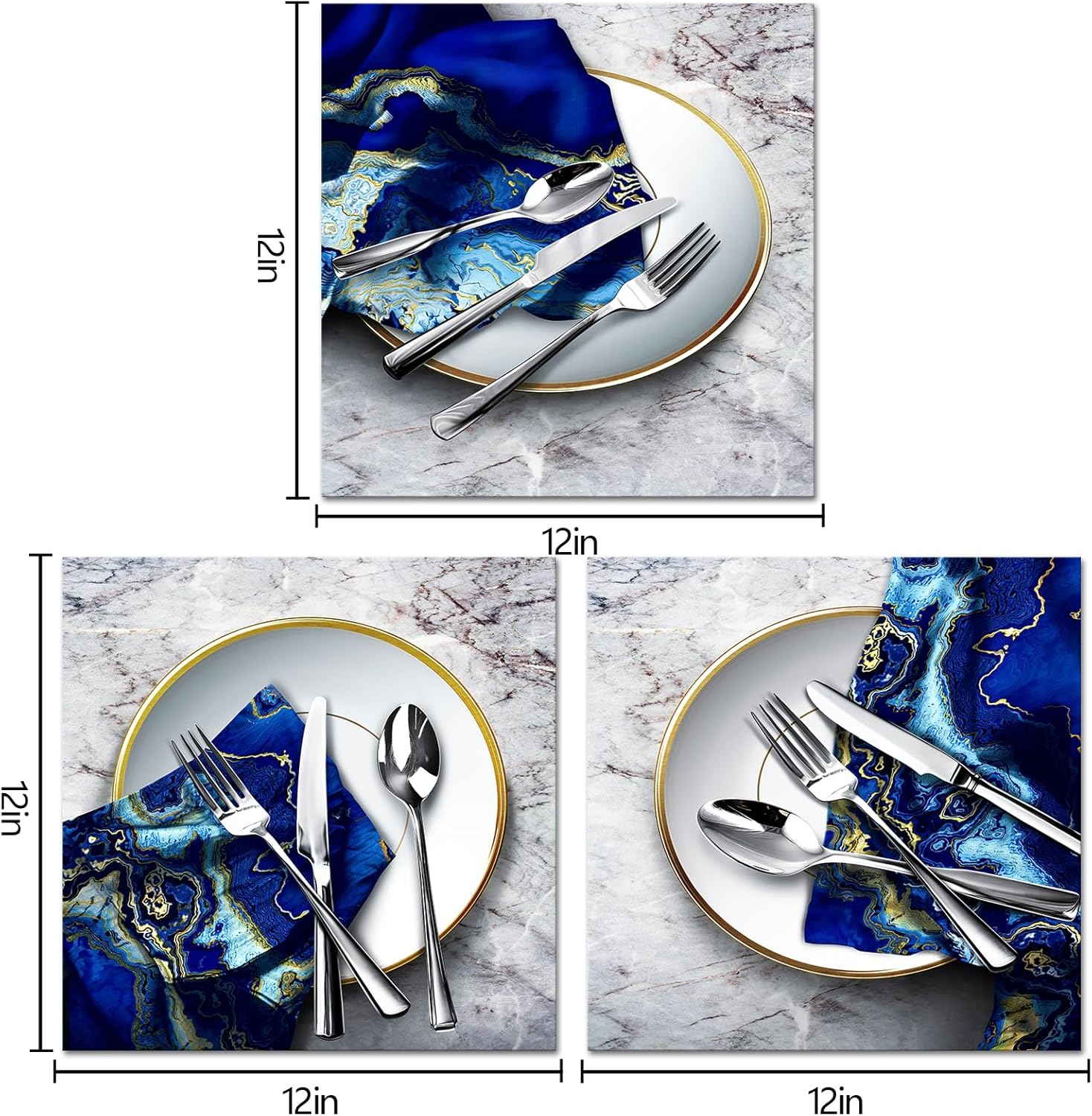 WELMECO Dining Room Wall Art Modern Kitchen Decor Pictures Blue Marble Prints Dining Room Wall Decor Framed Artwork 12"x12"x3 Pieces (Blue)