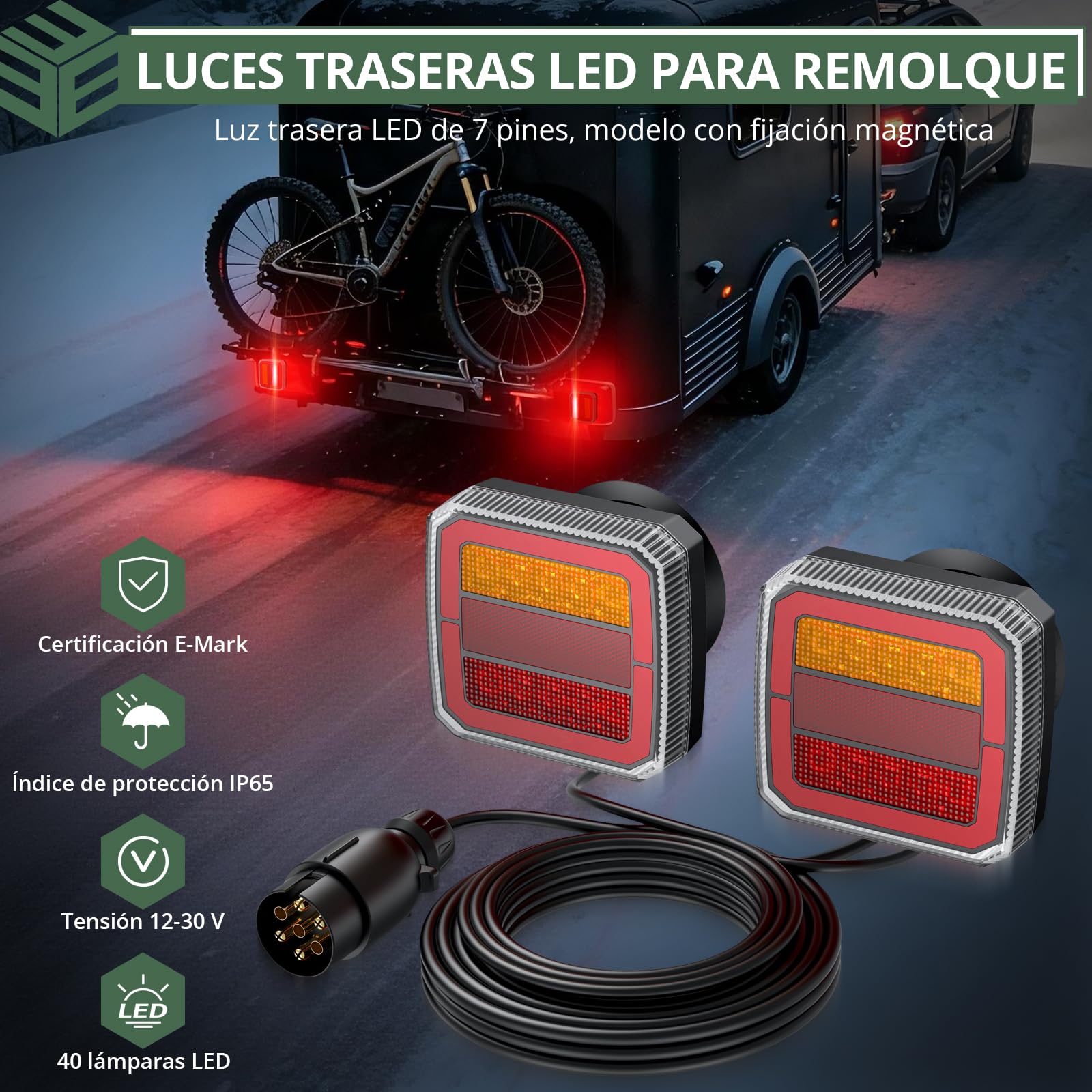 EYPINS 2×Luces Traseras para Remolque con Conexión Magnética 40 LED y 7 Pines,12-30V Pilotos Traseros IP65 con Cable 7.35m+2.4m,Luz de Posición Freno Intermitente y Reflector para Turismos Camiones