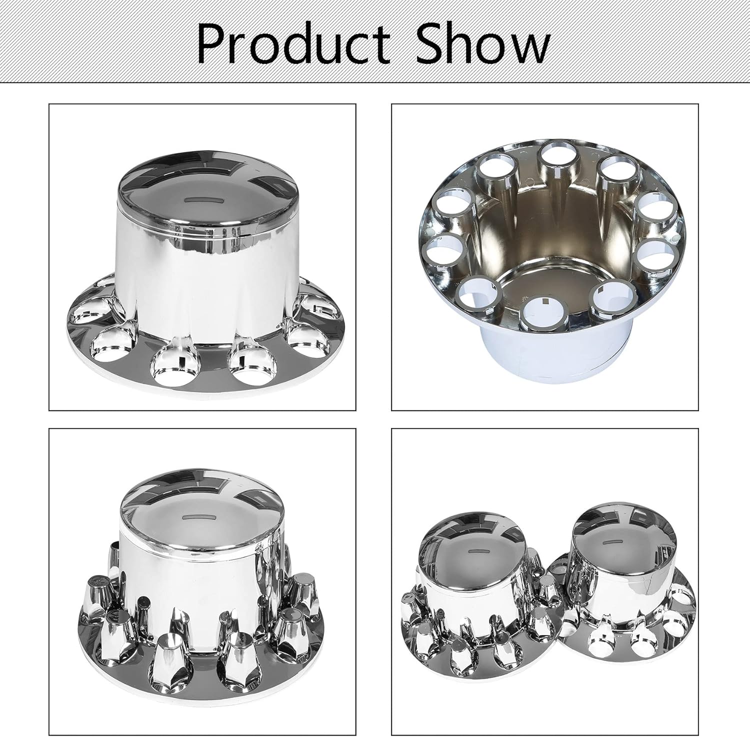 Chrome Plastic Front & Rear Complete Axle Wheel Cover Kits with 33mm Thread-on Lug Nuts Set of 6 for Semi Trucks 2 for Front and 4 for Rear