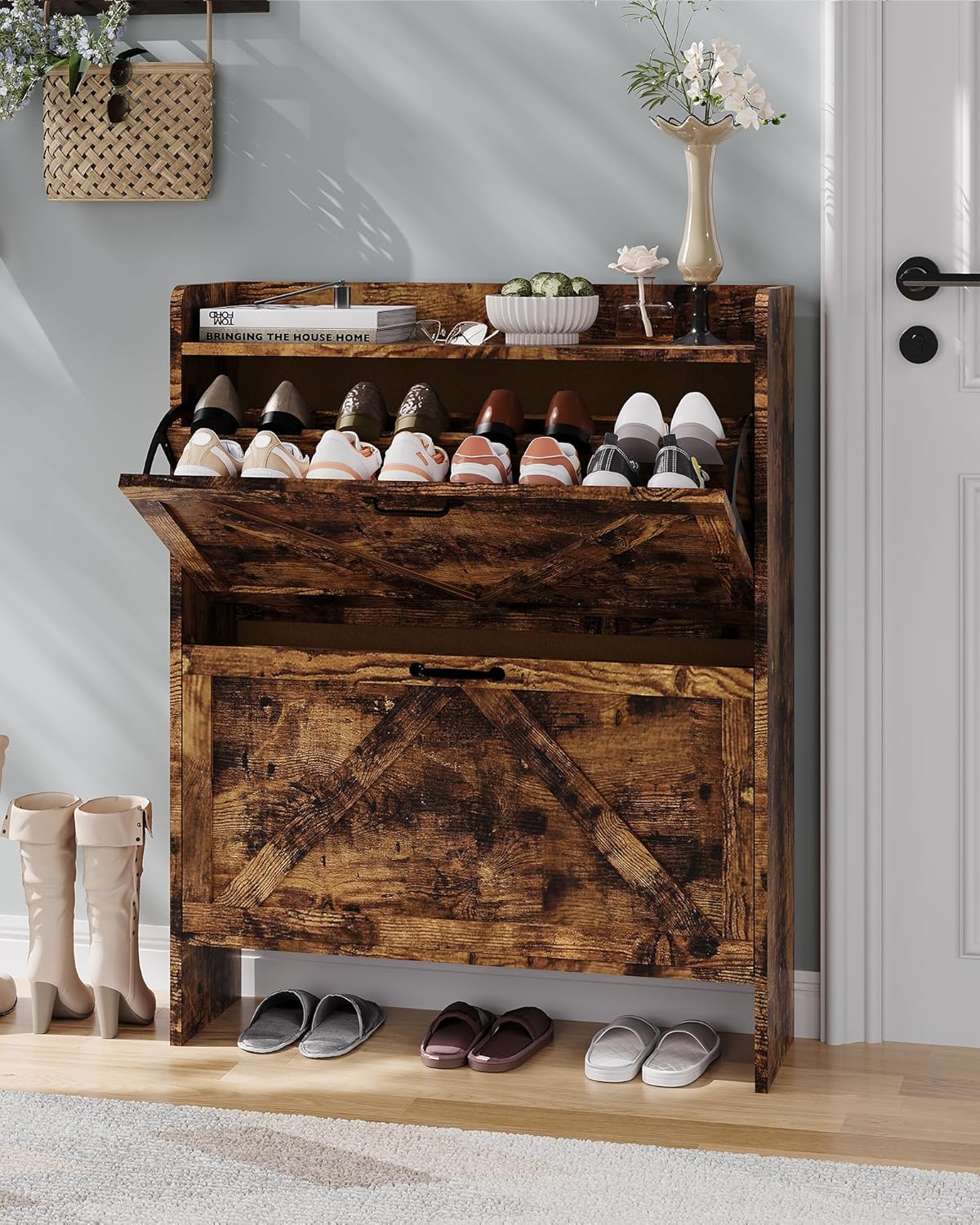 Garvee Shoe Storage Cabinet with 2 Flip Drawers, Entryway Slim Shoe Rack, Freestanding Hidden Shoe Organizer Cabinet with Metal Legs