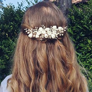Bridal White Hair Accessories Elegant Ceramic Flower Pearl Hair Piece with Comb for Wedding Party