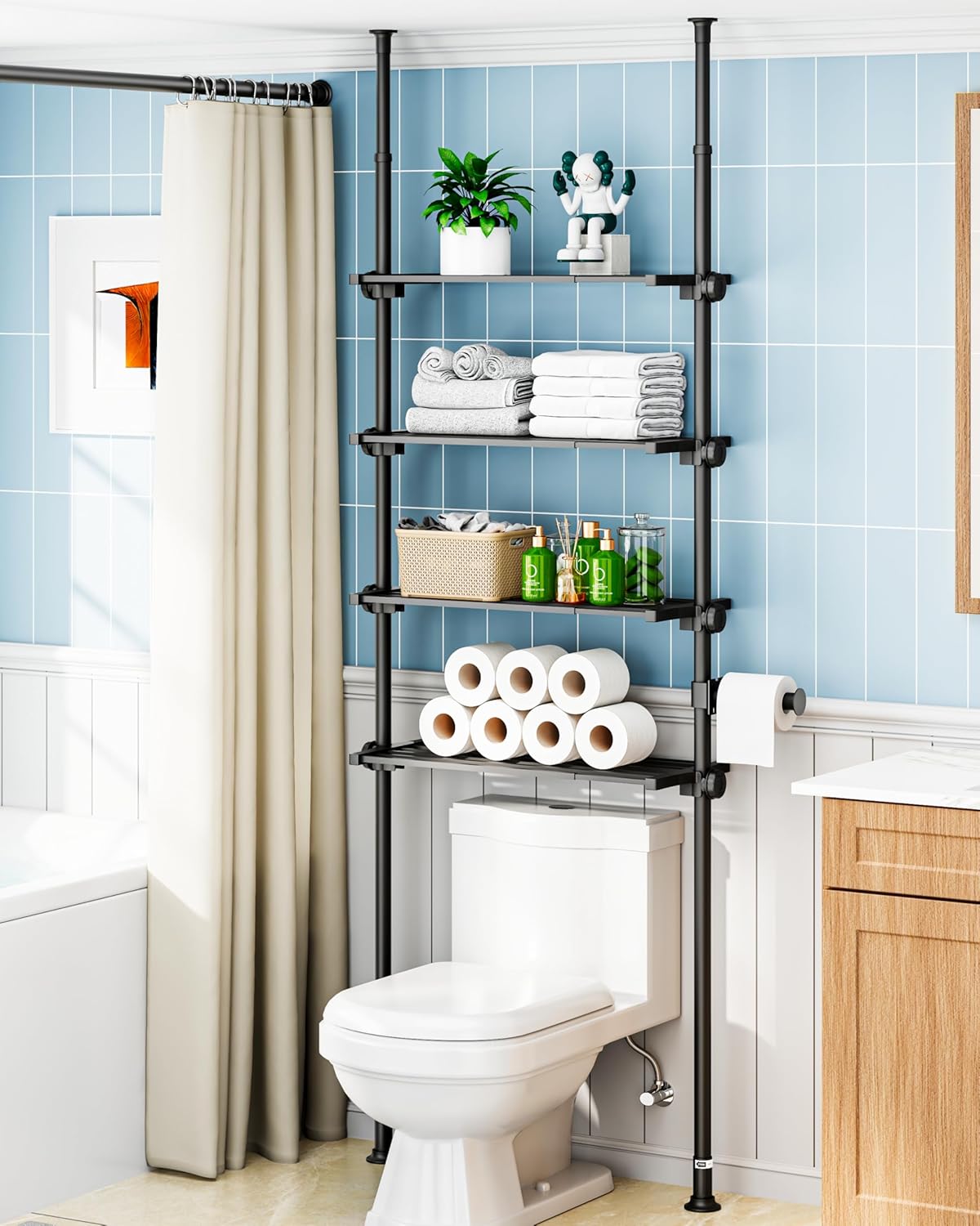 ALLZONE Adjustable Over The Toilet Storage Shelf, 4-Tier Ample Bathroom Organizer and Storage, Tension Mounted Above Toilet Storages Cabinet for Versatility, Fits 66-113 Inch Heights, Matte Black