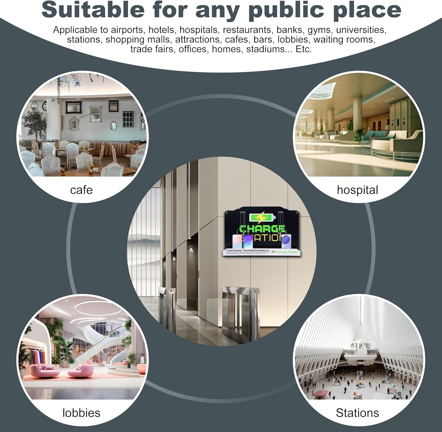 Wall Mount Charging Station with 8 Ports Phone Charger with Type-C,Android Port | Applicable for Applicable Airport Hospitals Banks Hotel and Public Places (Black)