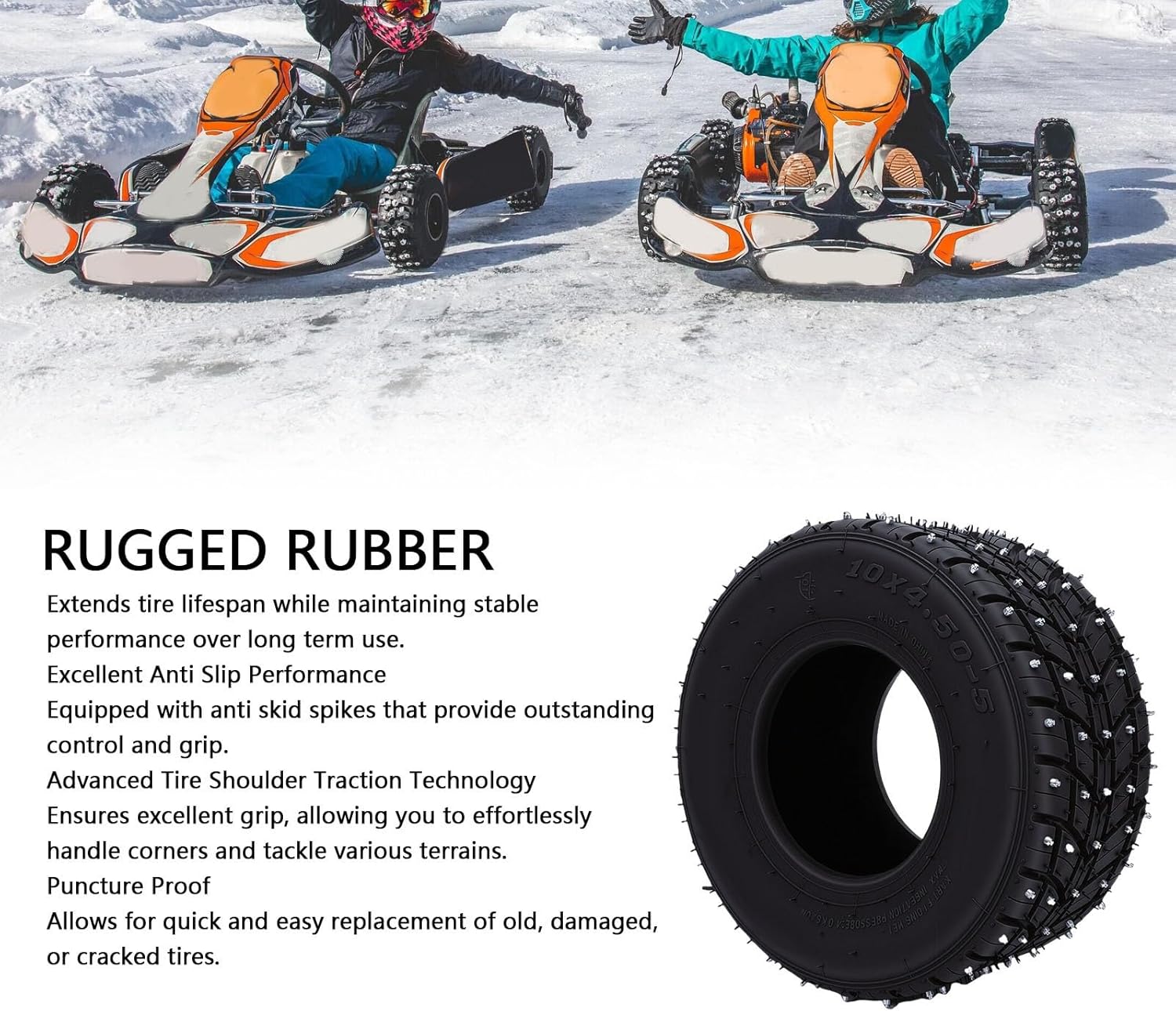 Luocute Go Kart Tubeless Tire, 10x4.50 5-Non Slip Front Wheel Tire with Anti Skid Spikes for Snow Off Road Drift Trikes Go Karts