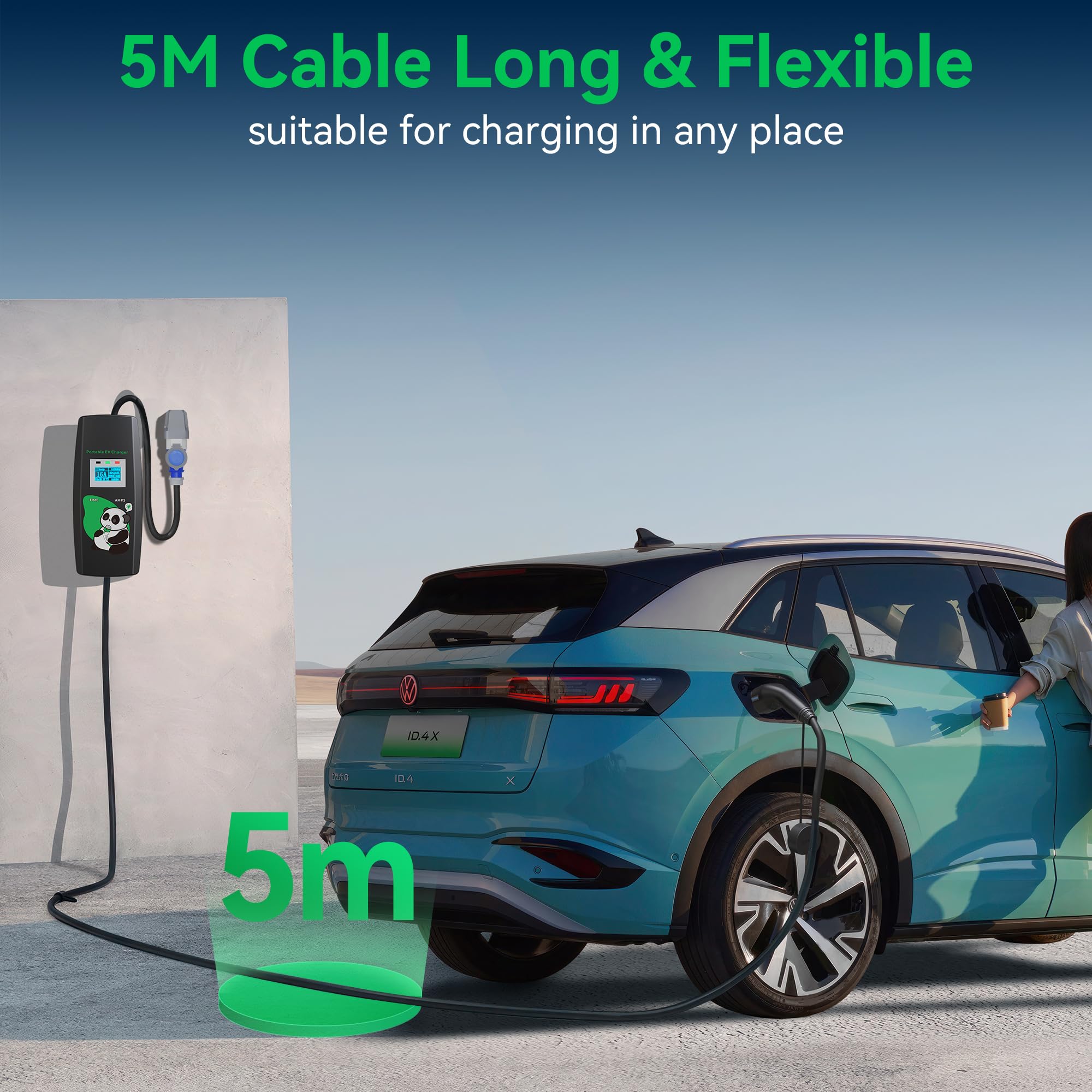 Wallbox Mobile 7,4 kW avec Plug & Play, 5 m, 32 A, 1 phase, courant réglable et minuterie, câble de charge de type 2 avec prise CEE, chargeur de voiture électrique portable pour IEC 62196-2