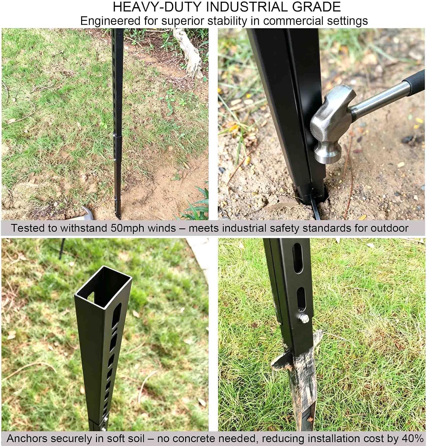 Heavy Duty Sign Post 52 Inch, Steel Stake with Anchor Wings, 2 Pack | Rustproof Powder Coated, Anti-Rotation, Easy Install, for Parking, Factory, Property, Yard, Road Safety