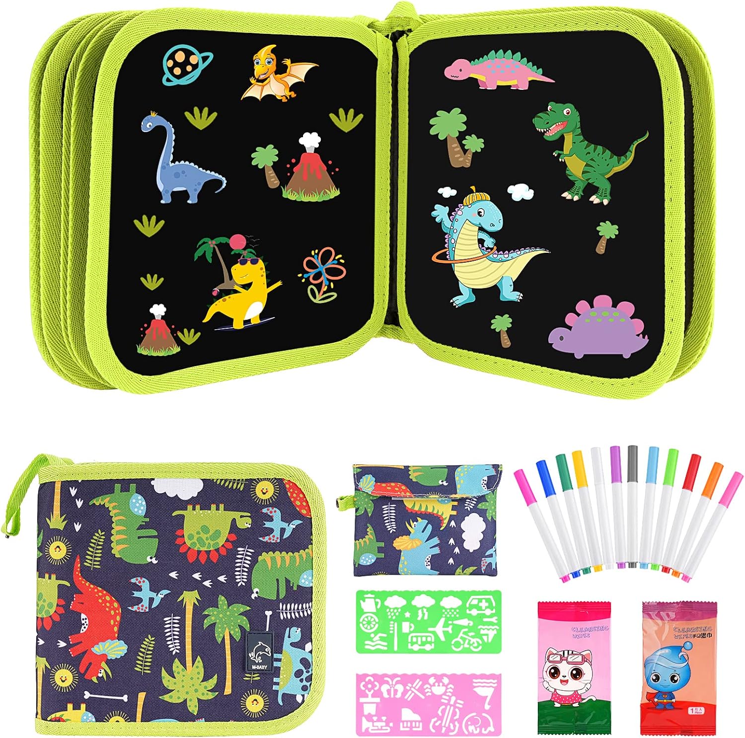 Miavogo Kids Erasable Doodle Book Set, Magic Drawing Book with Markers, Reusable 14 Pages 12 Watercolor Pens 4 Template Drawing, Preschool Travel Art Toy for Kids 3-12 Years Old (Dino, Green)