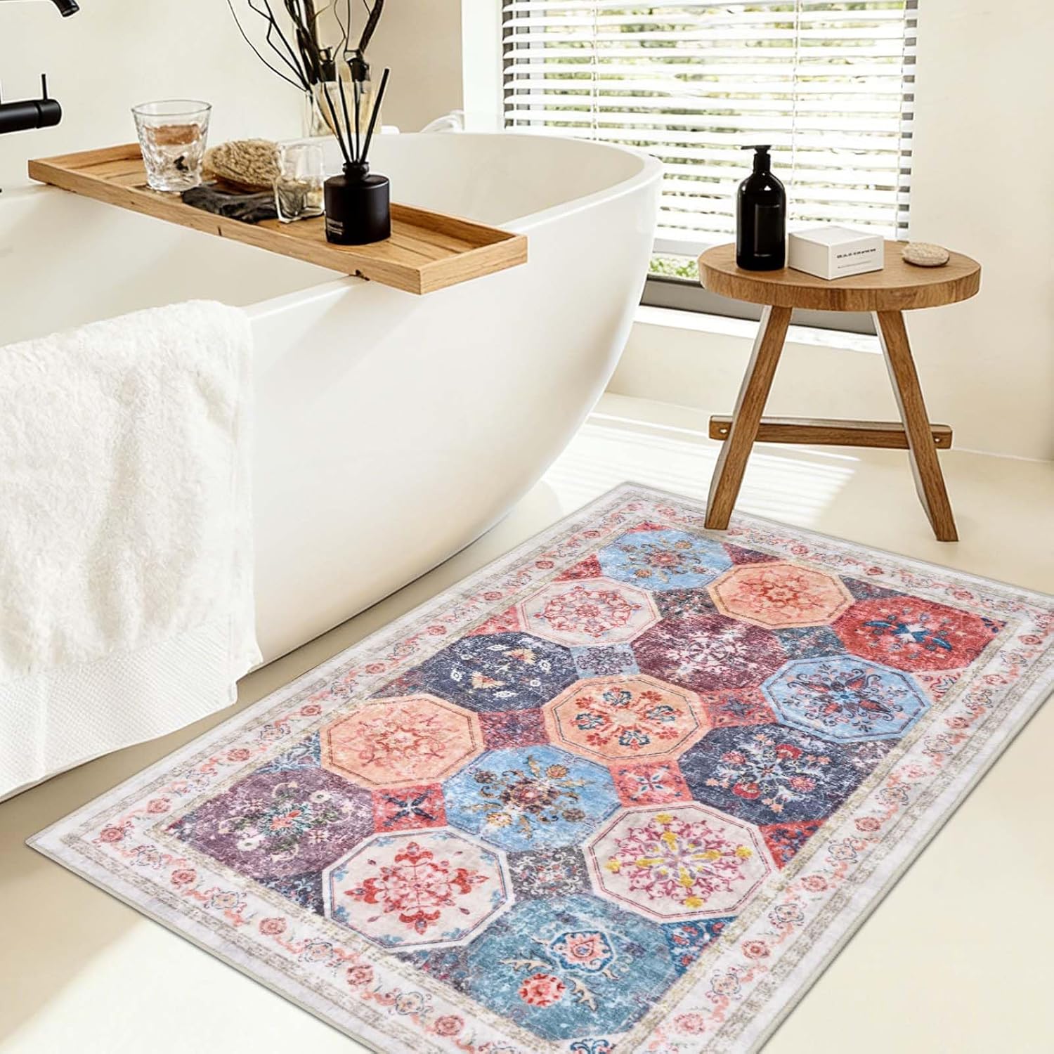 Yinhua Boho Bathroom Rugs Washable, 20x30 Inch Vintage Non Slip Bath Mat Quick Dry, Colorful Absorbent Bath Rugs Soft Shaggy, Distressed Bathroom Floor Mat for Sink Shower Tub