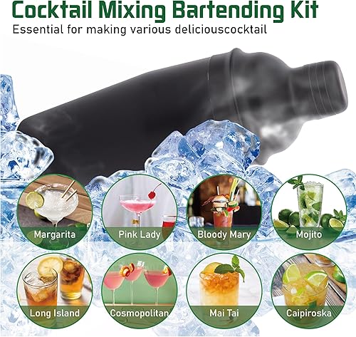 Miniatura 6 de Juego de coctelera con soporte giratorio de bambú, juego de 11 herramientas de barra de acero inoxidable con folleto de recetas (negro escarchado)