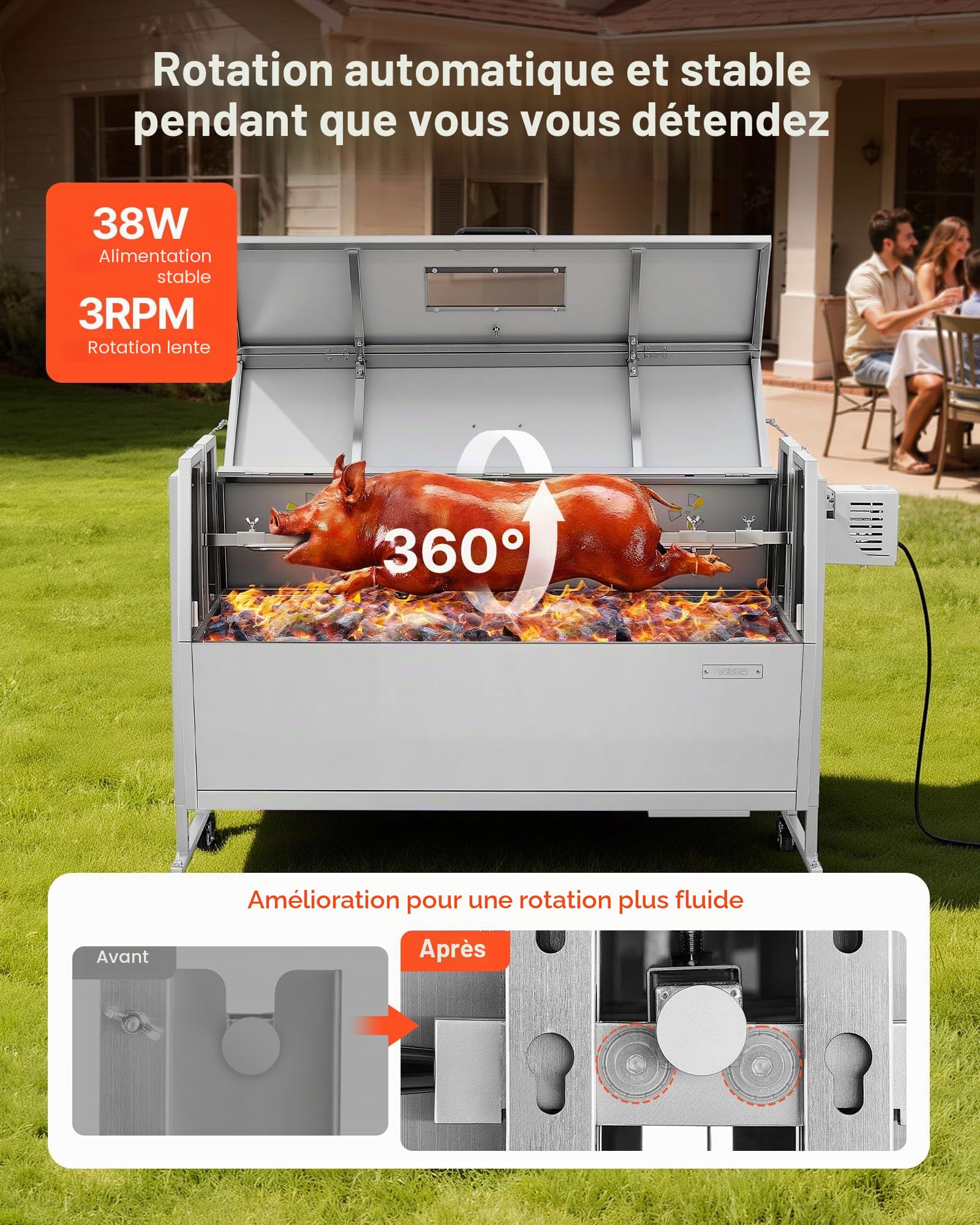 VEVOR Barbecue à Charbon Chargeant 60 kg, Barbecue Rôtissoire avec Roues, Kit de Tournebroche Électrique 38 W, 4 Niveaux de Hauteur, Broche en Acier Inoxydable, pour Agneau Porcelet, Extérieur