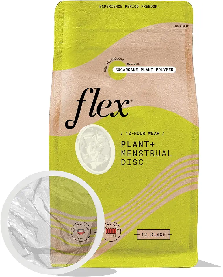 Flex Plant Plus Disc | Plant-Based Disposable Period Discs | Tampon and Cup Alternative | Capacity of 5 Super Tampons | Menstrual Disc Made with Sustainable Medical-Grade Plant Polymers | 12 Count