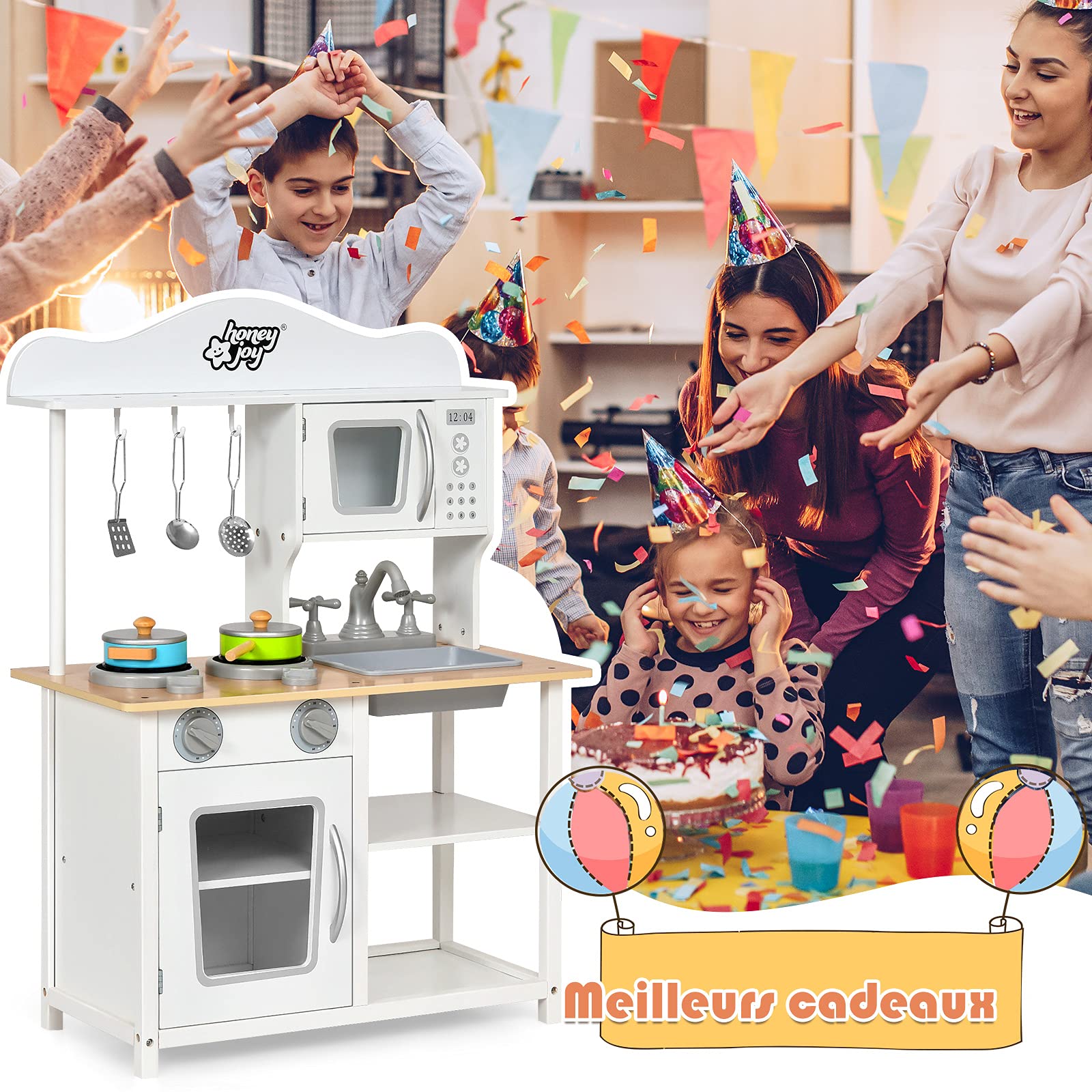 GOPLUS Cuisine En Bois Pour Enfants - Effets Sons Et Lumières - Robinet, Micro-ondes, Cafetière, Machine à Laver - Cadeau 3 Ans+