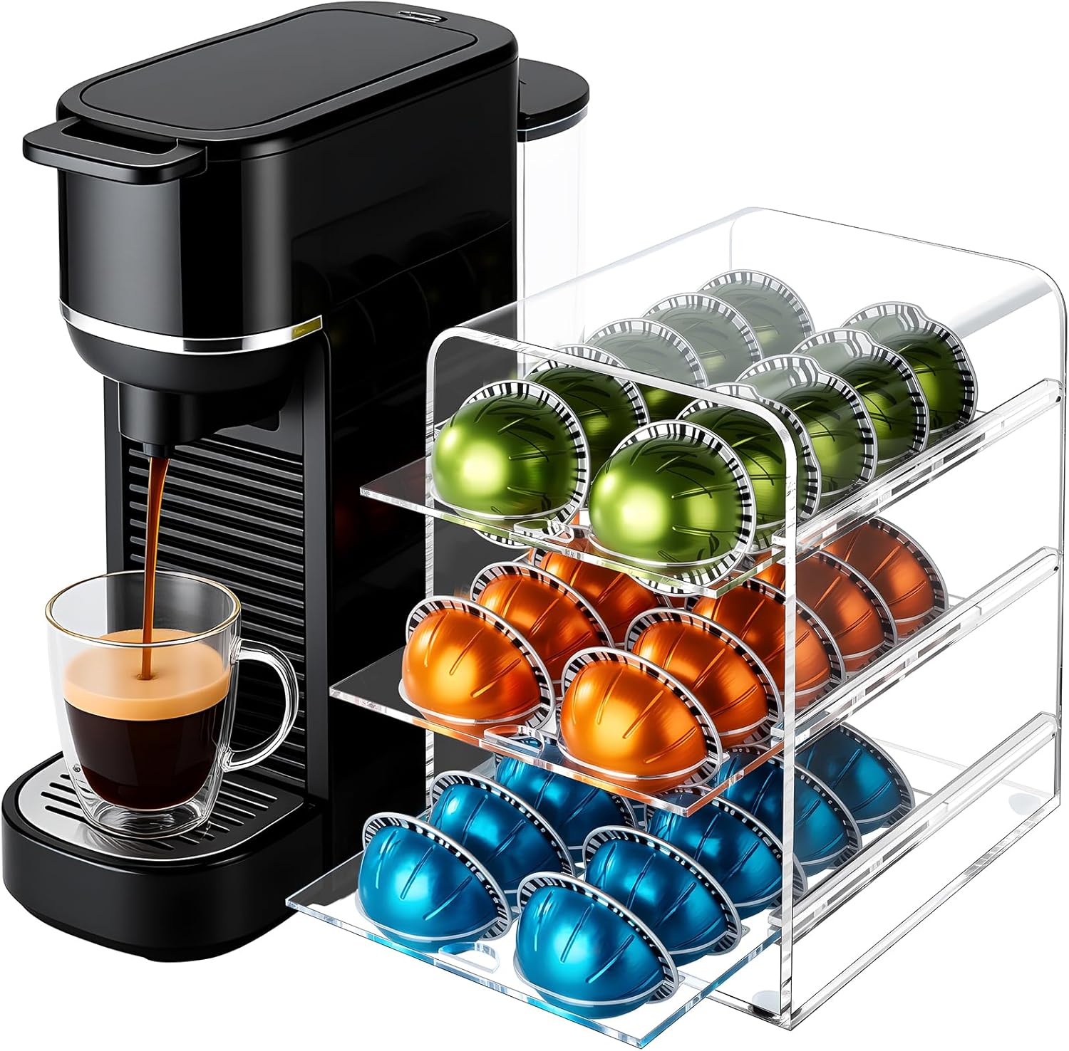 Acrylic Coffee Pod Holder for Nespresso Vertuo Pods, Countertop Coffee Capsule Storage Organizer, Coffee Drawer for Espresso Accessories, Coffee Gift for Coffee Lovers(Clear_30 Pods)