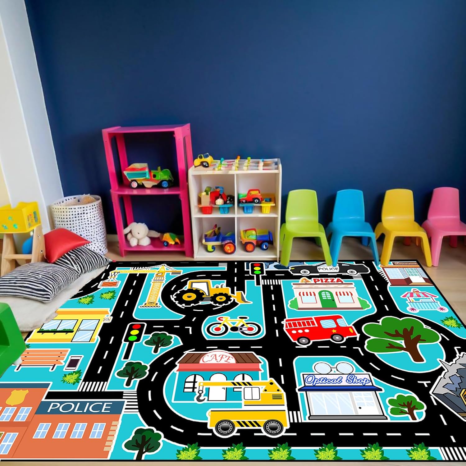 Car Rug Play Mat - Kids Play Rugs City Life Road Map Rug 5x7 Feet Large Educational Traffic Track Car Mat for Kids Toy Cars Carpet for Kid Bedroom Playroom Classroom Decor