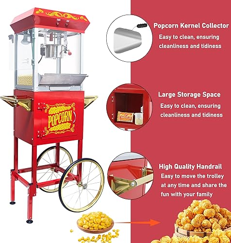 Miniatura 3 de Máquina de palomitas de maíz con carrito y ruedas y hervidor de 8 onzas, máquina de palomitas de maíz de 650 W, carrito de máquina de palomitas de