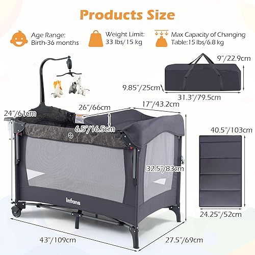 Miniatura 8 de INFANS Cuna de bebé 4 en 1, convierte paquete y juego en cuna portátil con cambiador de pañales, colchón, bolsa de transporte, caja de música,