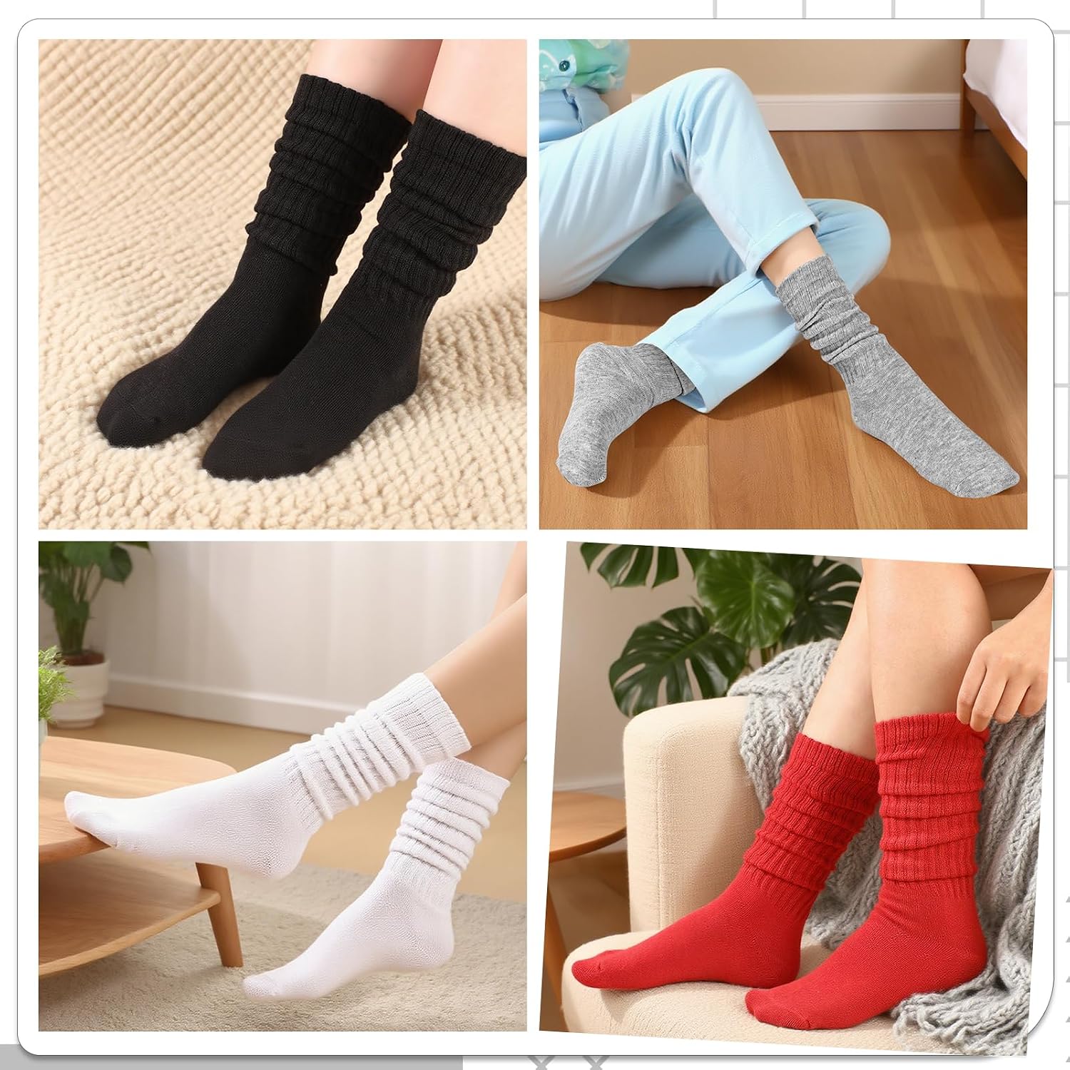 Jspupifip 4 Pair Slouch Socks for Women Stacked Two Way Knit Sock | Soft Polyester Stacked Scrunch Socks with Two-Way Wear Design, 4 Pairs Retro Sock Set for Boots Casual Daily Outfits