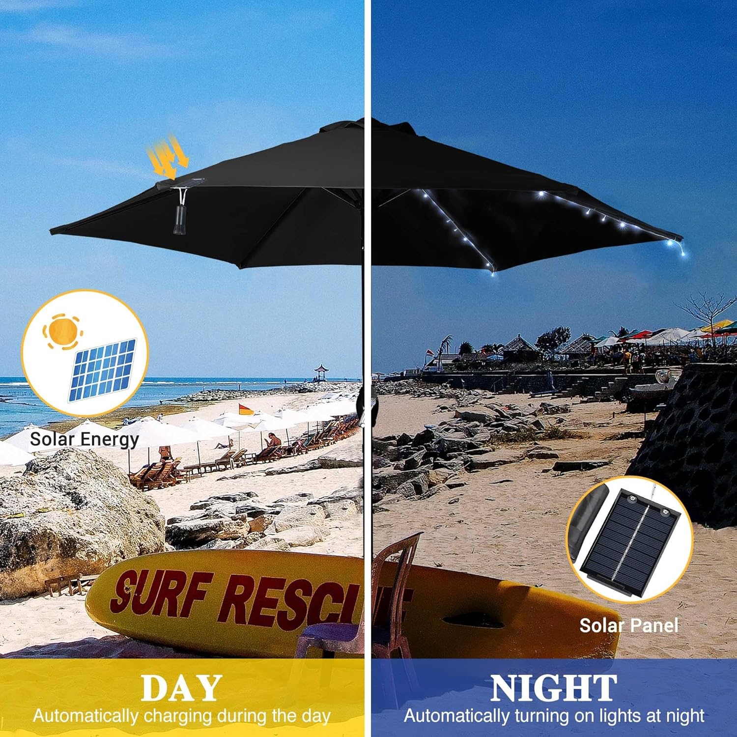 Yescom Solar String Light Fit 6-Rib 7/8/9 Ft Outdoor Patio Umbrella 96 LED Cold White Camping Tent Deck Beach Market Pool