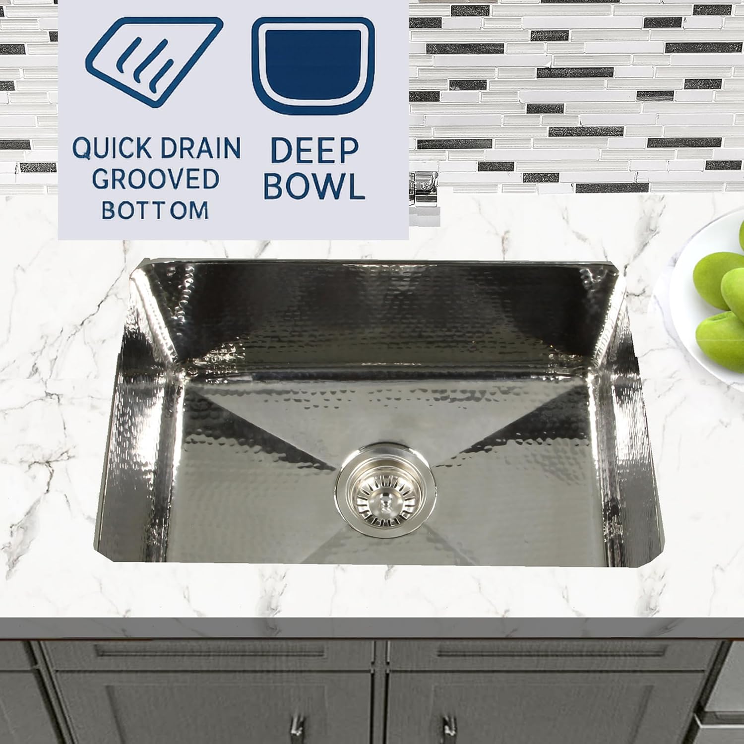 Nantucket Sinks Hand Hammered Laundry Sink – 23" Stainless Steel Deep Sink for Utility Room, Undermount Single Bowl, Rectangular, Handmade, 16 Gauge – Brightwork Collection KSSH2318-9
