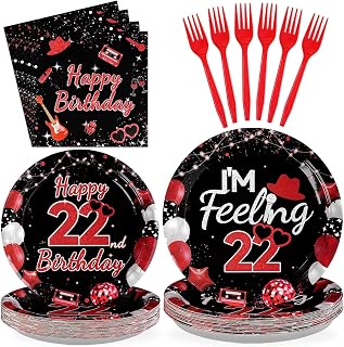 96 Pcs Black Red 22nd Birthday Decorations, Serves 24