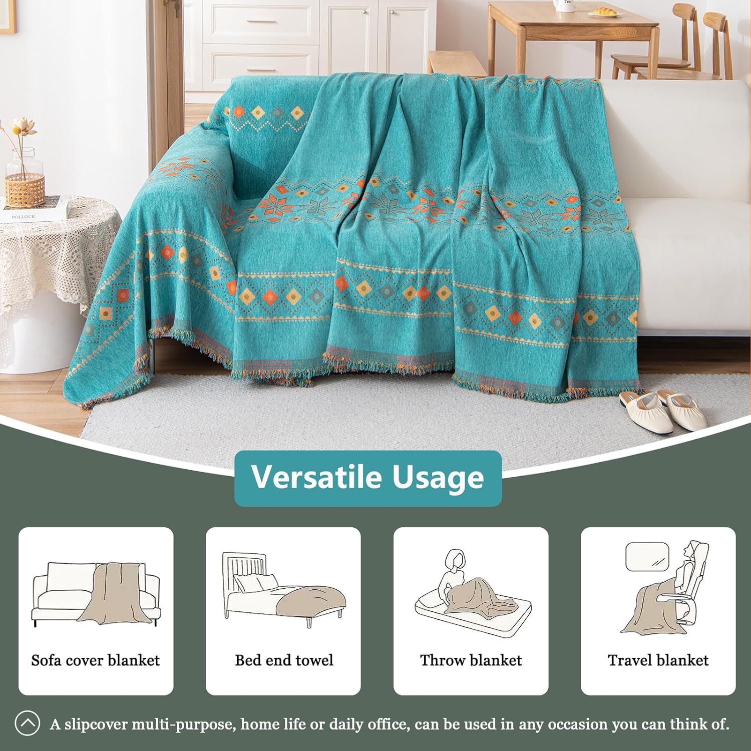 DREAMINGO Teal Green Couch Cover Jacquard Chenille Sofa Covers Love Seat Cover for 2 Cushion Couch Geometric Futon Couch Cover Multi-Use Furniture Protector Sofa Slipcover Washable, 71"x118"