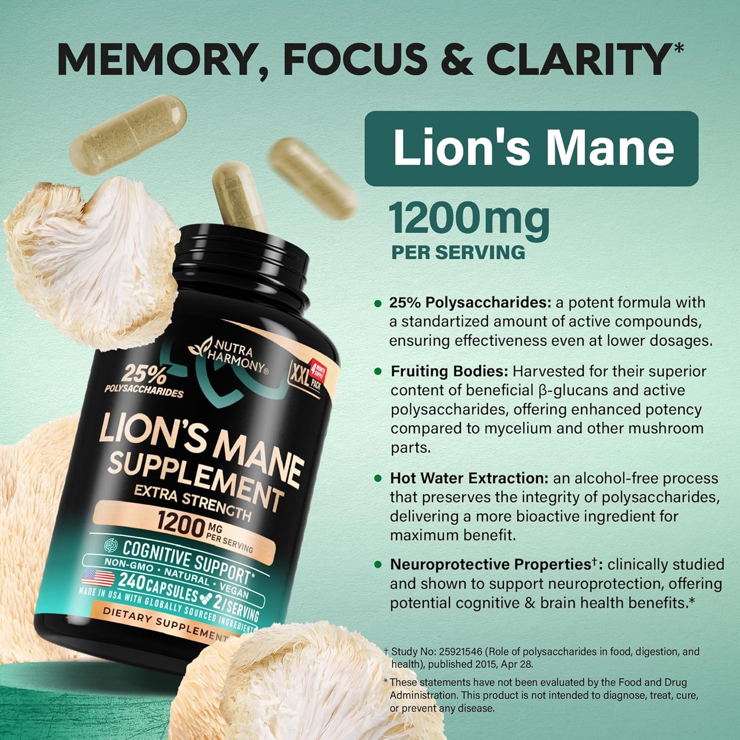 Lions Mane Supplement Capsules - Organic Lions Mane - Made in USA - Fruiting Bodies Extract - 1200 mg, 25% Polysaccharides - Memory & Focus Support - As Lions Powder - 240 Capsules, 4 Month Supply - Image 4