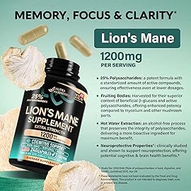 Lions Mane Supplement Capsules - Organic Lions Mane - Made in USA - Fruiting Bodies Extract - 1200 mg, 25% Polysaccharides - Memory & Focus Support - As Lions Powder - 240 Capsules, 4 Month Supply