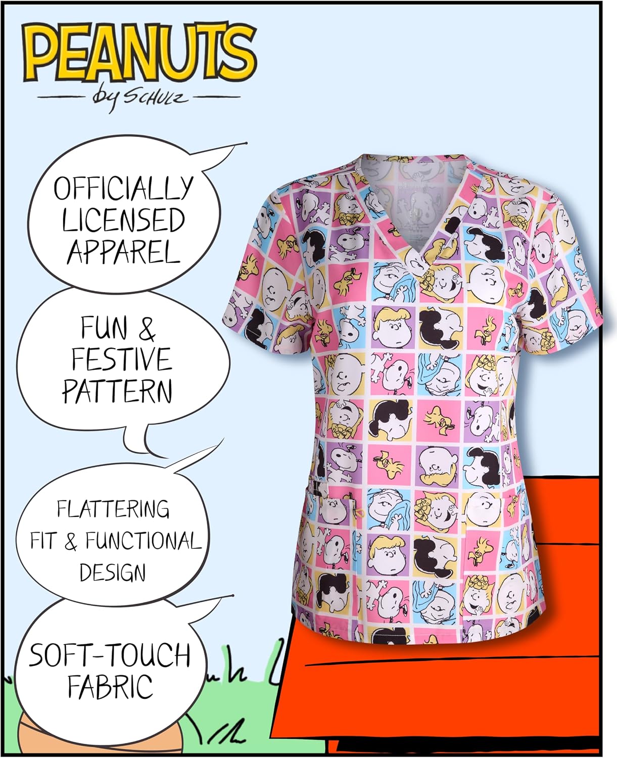 COCO BRANDS Peanuts Snoopy Womens Scrub Top - Short Sleeve V-Neck Medical Uniform Top and Scrub Shirt for Women