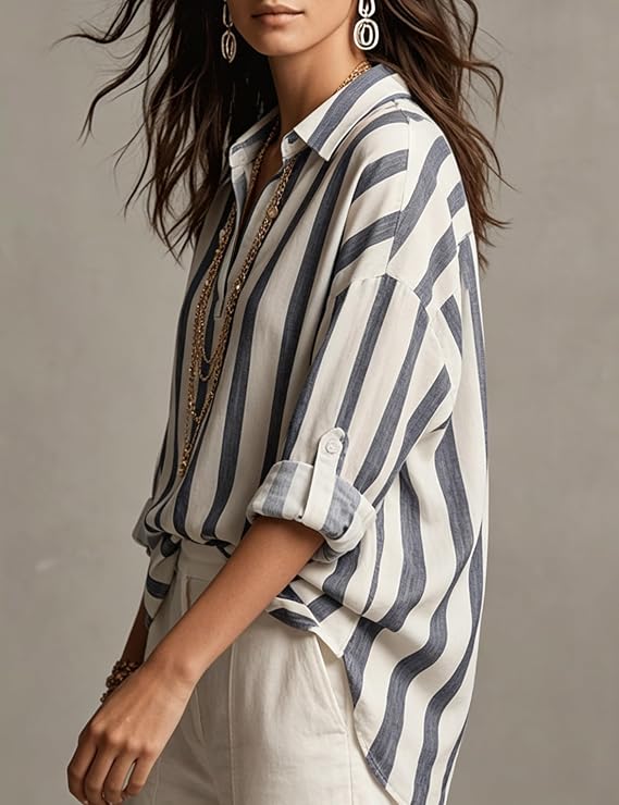 Watashi Women Striped Collared Blouse Oversized Long Sleeve Henley Shirt