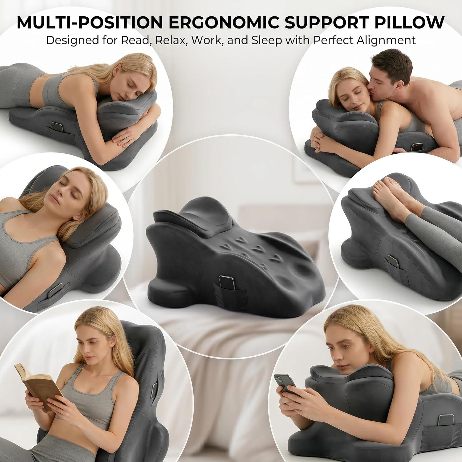 Extra Large Ergonomic Positioning Wedge Pillow, High-Density Memory Foam Support Cushion for Body Support, XL 26" x 20" Size, Multi-Functional Lounge Pillow with Side Pocket & Dual Handles (Black)