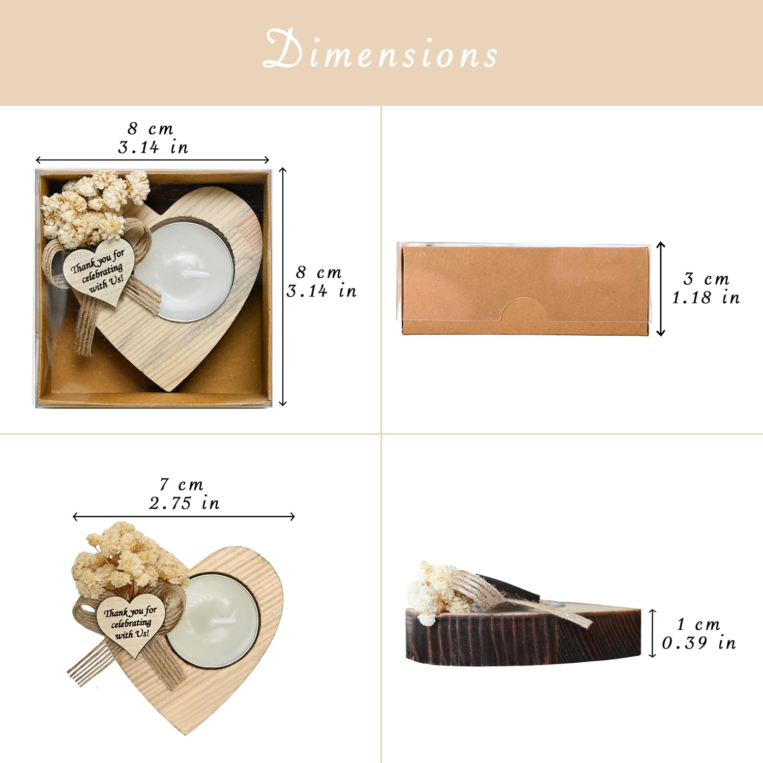 Heart-Shaped Natural Wood Candle Holders – Perfect for Weddings, Bridal Showers, Memorials & Gifts, Thank You Gifts (50)