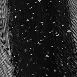 61”Width Glitter Tulle Fabric with Star Moon Sequin, 100% Polyester, Sparkly Fabric for Tutu Skirt Bridal Veil, Decoration and DIY, (Black, 1 Yard)