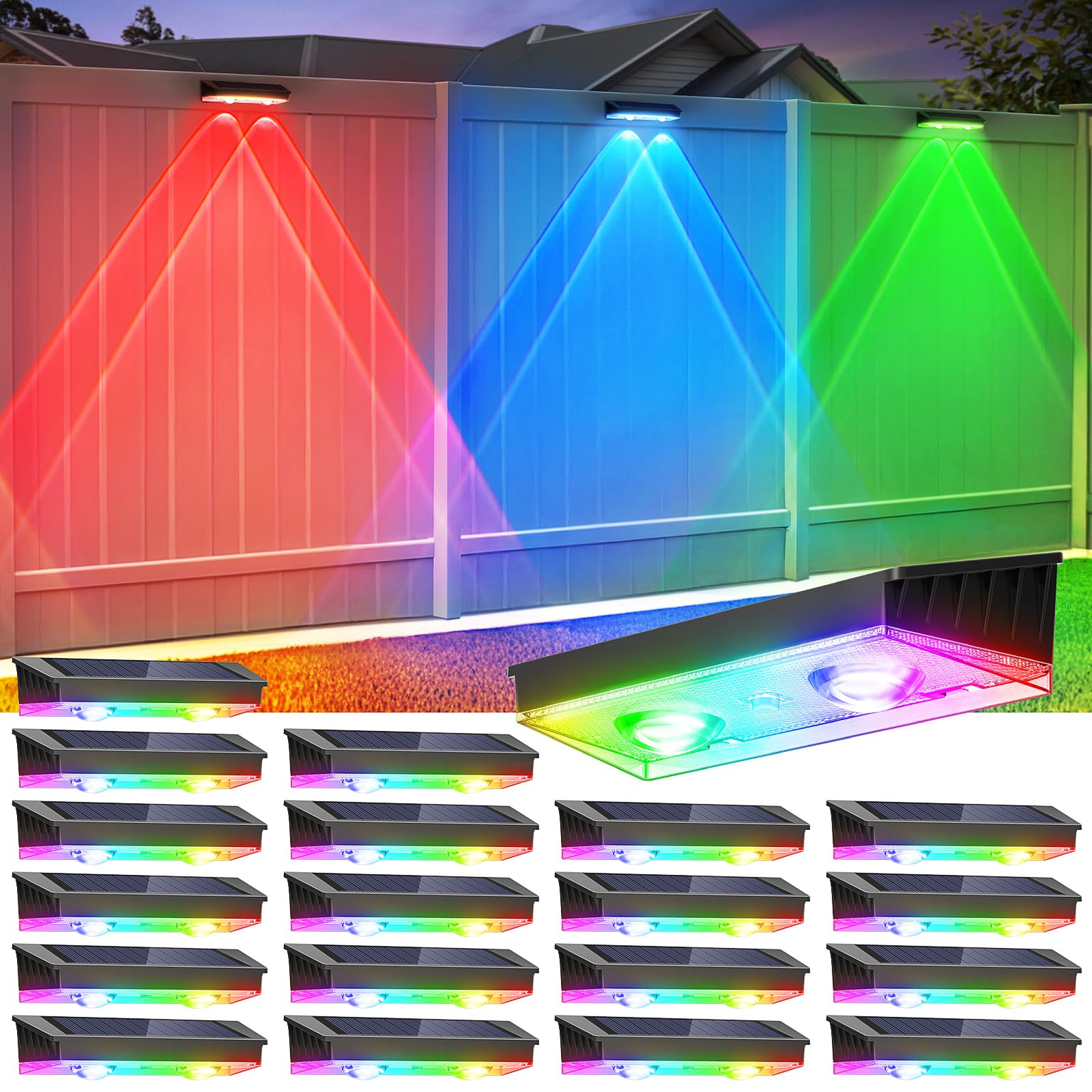 Solar Fence Lights Outdoor, 20 Pack Warm White/RGB Solar Powered Wall Lights with Spot Lens, IP65 Waterproof, Backyard Patio Decor for Deck, Railing, Pool, Stair
