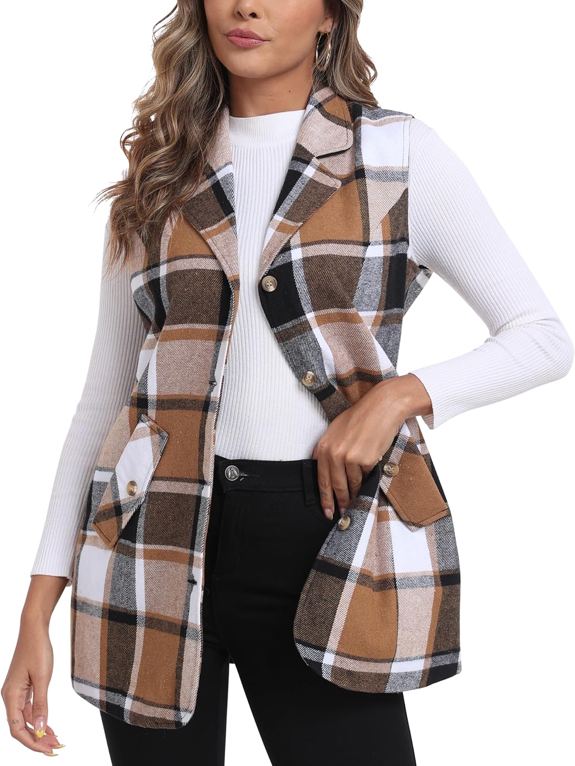 MoFiz Womens Long Flannel Plaid Vest Fall Winter Button Down Sleeveless Blazer Jackets Cardigan Coat Outerwear With Pockets