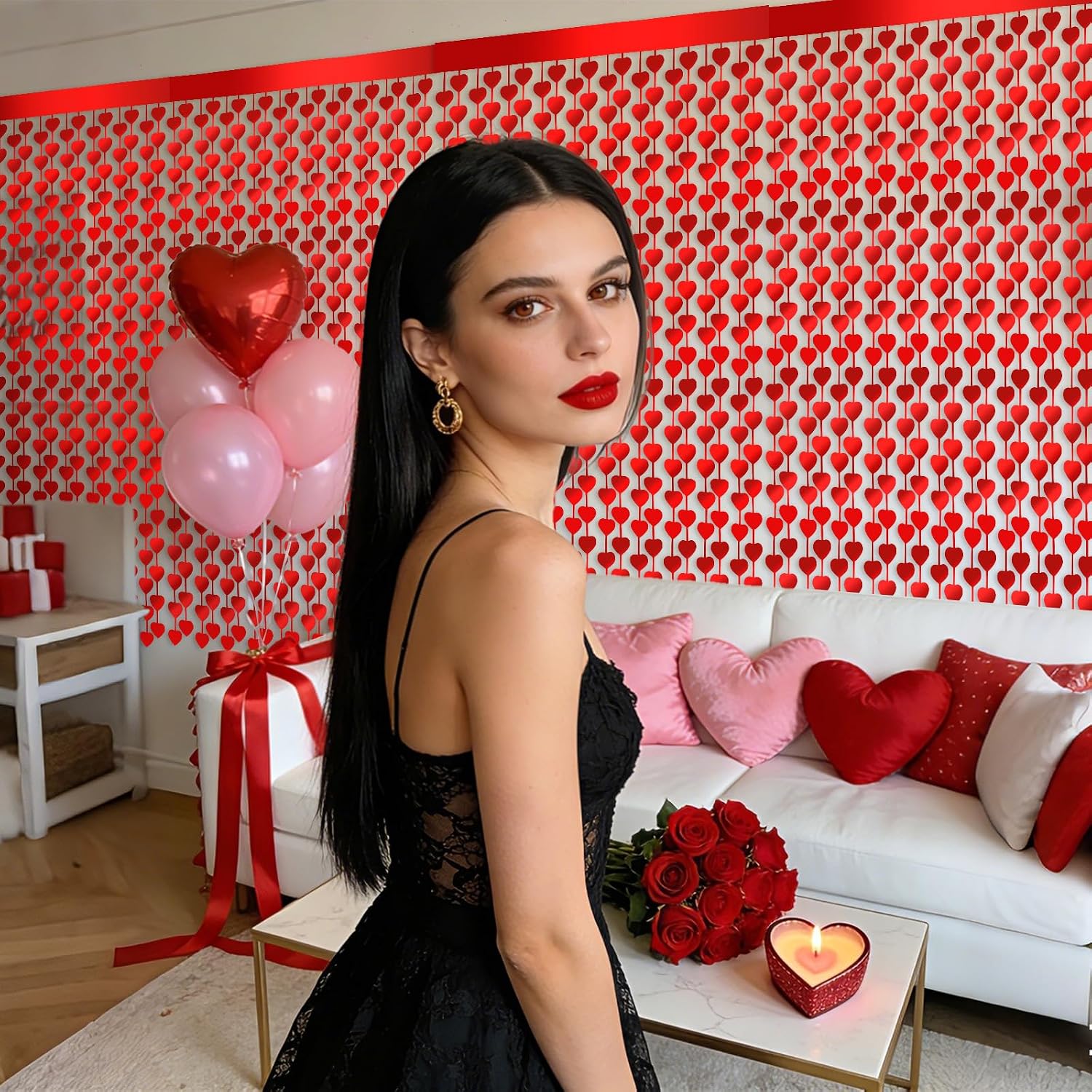 Jaciya Valentines Backdrop 4 Pack Valentine's Day Decorations Red Heart Foil Curtain Backdrop for Wedding Anniversary Birthday