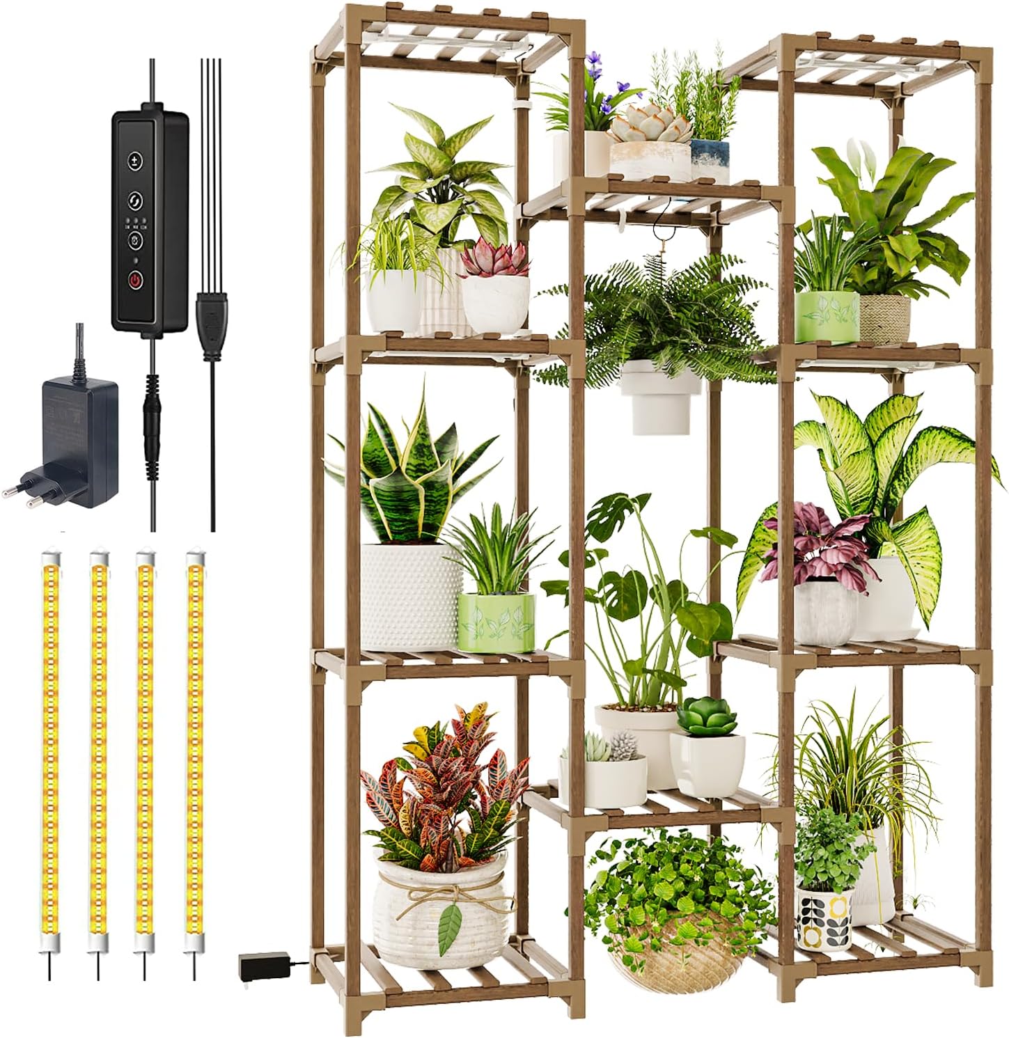 Bamworld Plant Stand with Grow Light Plant Shelf for Mutiple Pots Large Plant Holder for Living Room Patio Boho Home Decor for Gardening Warm Light