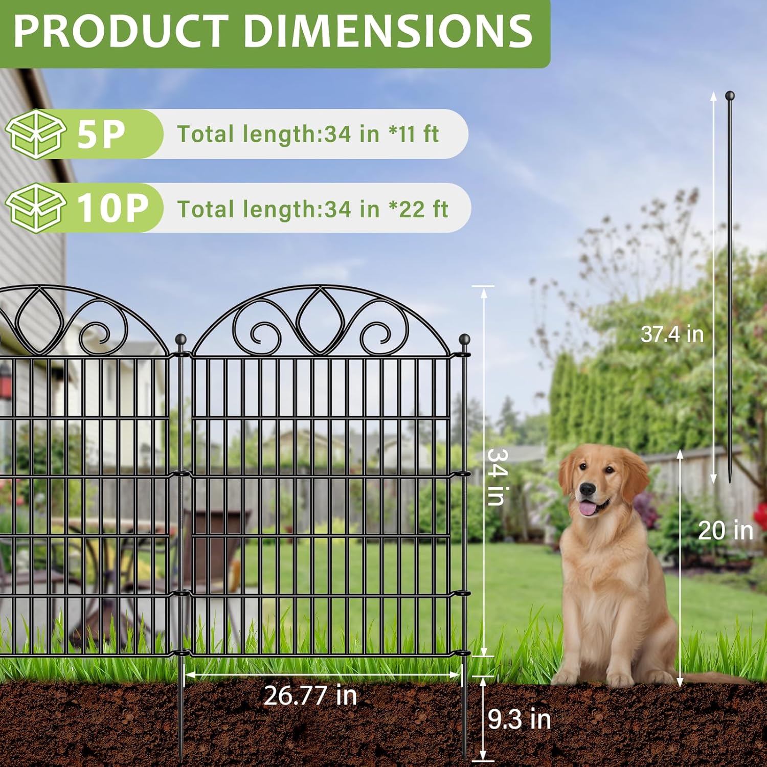 10-Panel No-Dig Tall Garden Fence – 34″H x 22′L Rustproof Metal Dog Fence, Decorative Yard & Garden Animal Barrier, Easy Install Outdoor Pet & Flower Bed Border, Temporary Fence